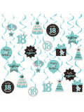 Happy 18th Birthday Hanging Swirls Teal Silver Black Blue Decor