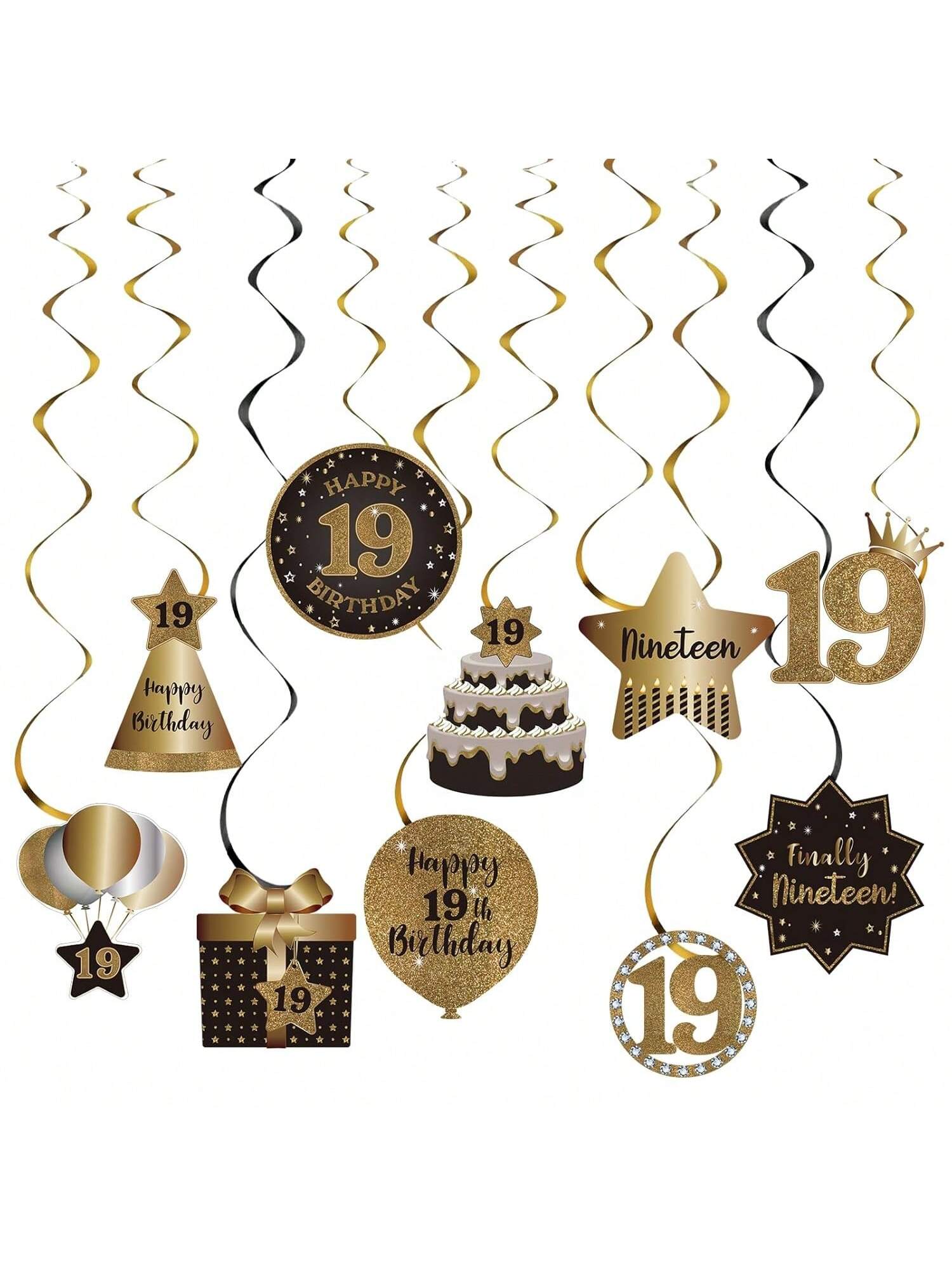 19th Birthday Black and Gold Hanging Swirl Ceiling Decorations