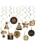 19th Birthday Black and Gold Hanging Swirl Ceiling Decorations