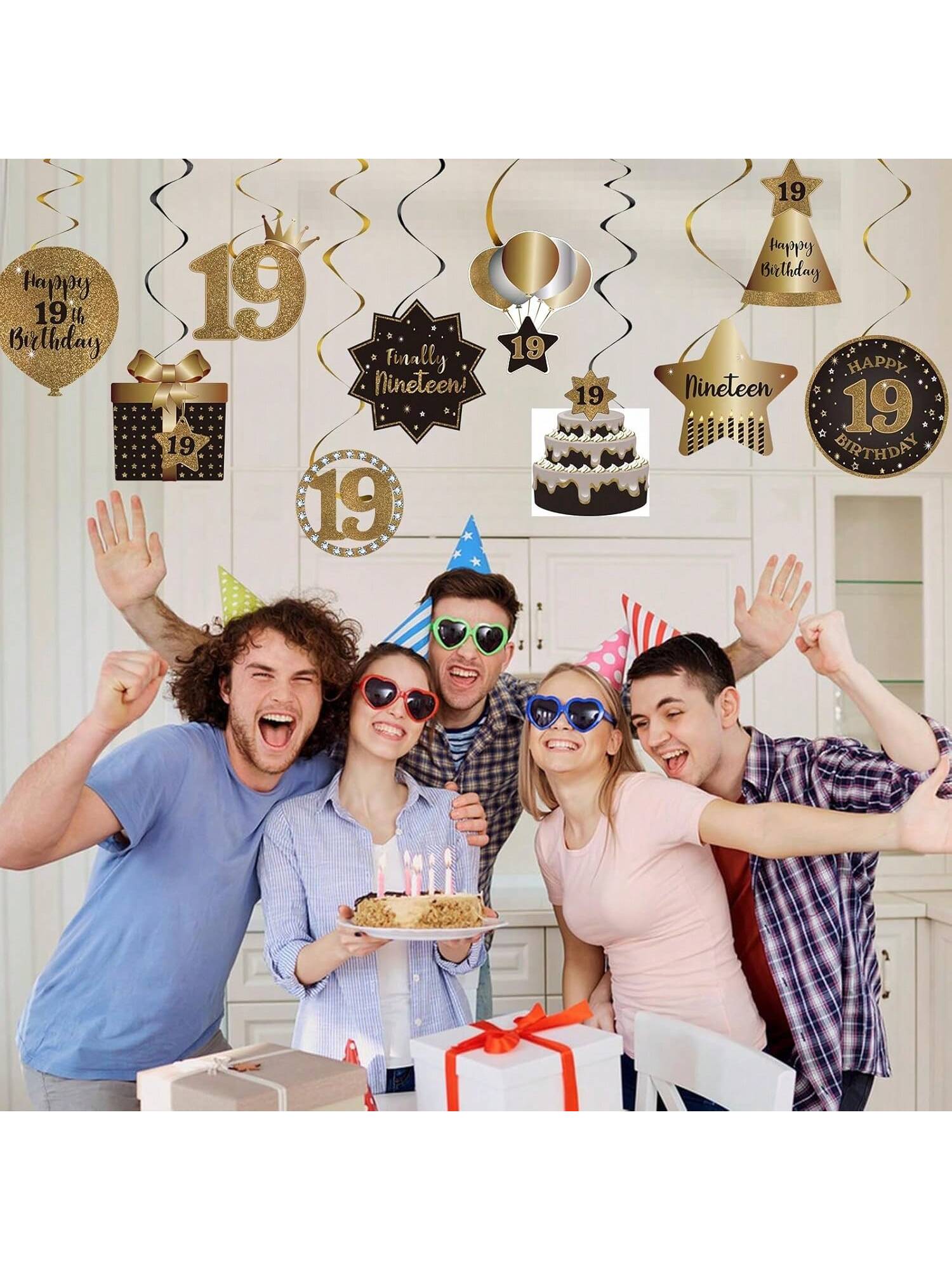 19th Birthday Black and Gold Hanging Swirl Ceiling Decorations
