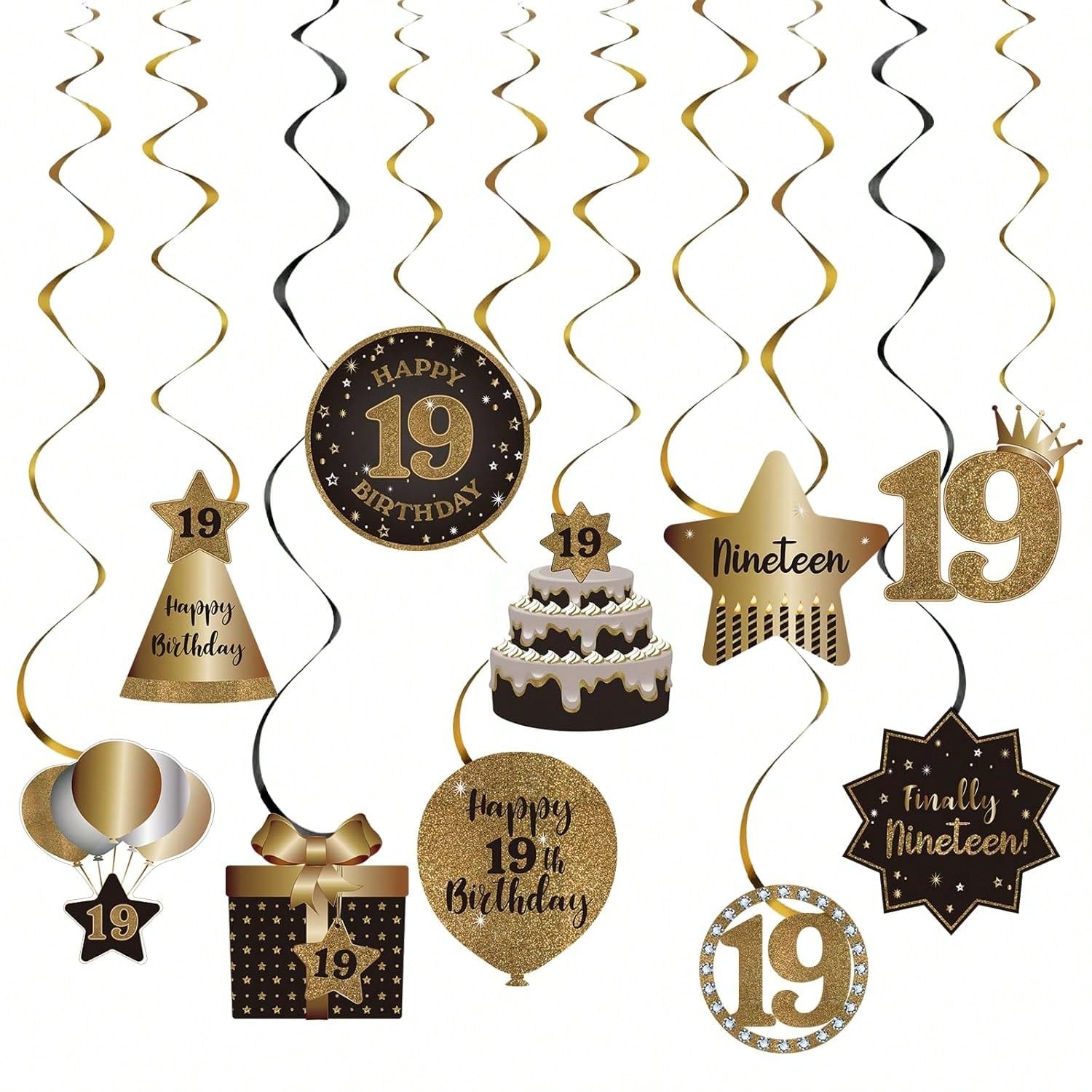 19th Birthday Black and Gold Hanging Swirl Ceiling Decorations