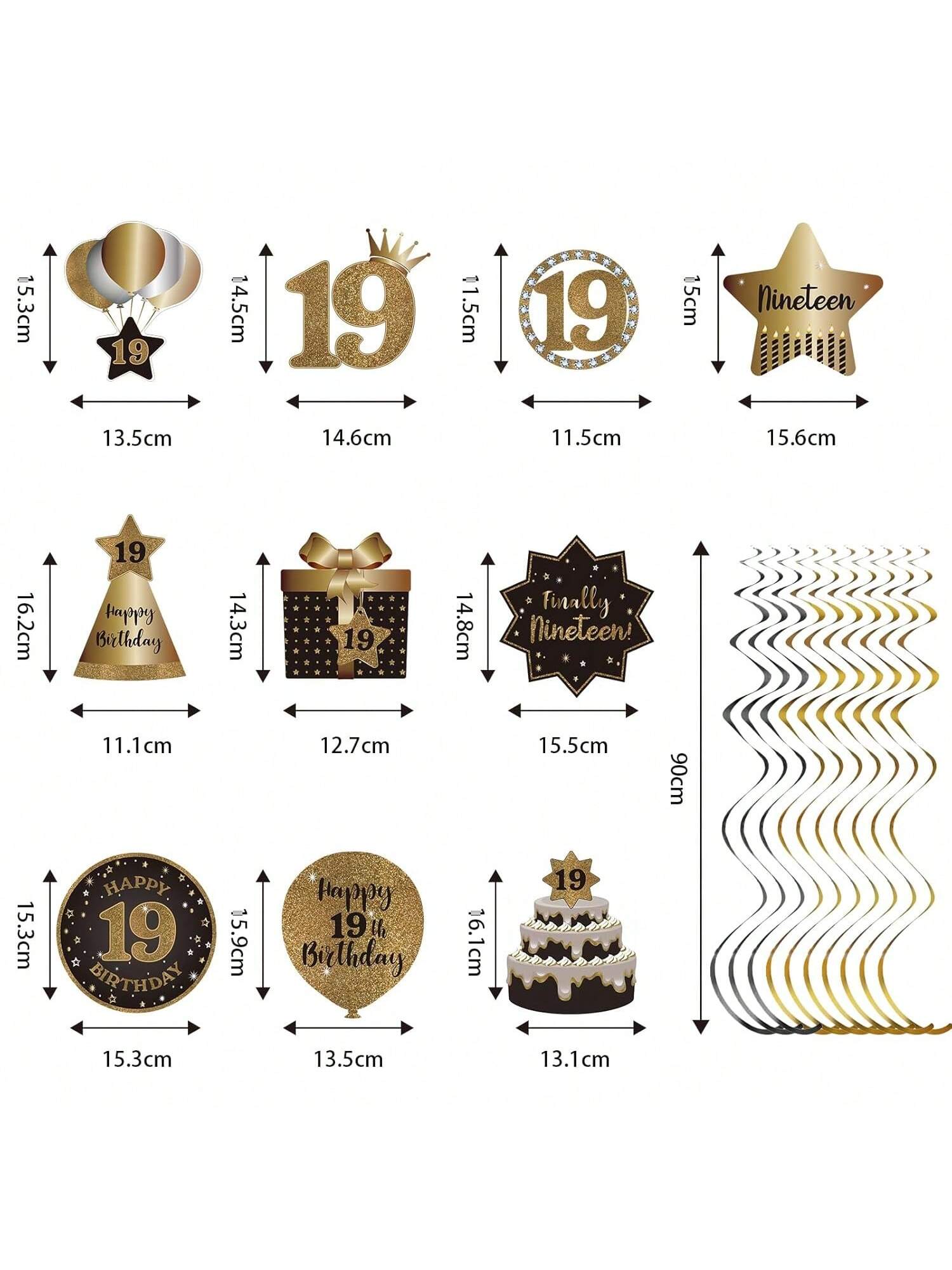 19th Birthday Black and Gold Hanging Swirl Ceiling Decorations