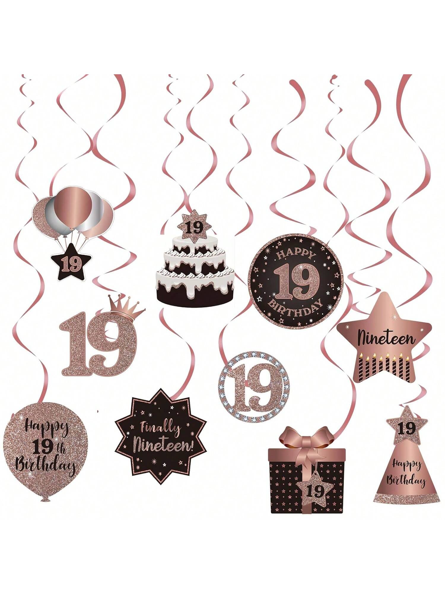 19th Birthday Rose Gold Hanging Swirl Ceiling Decorations