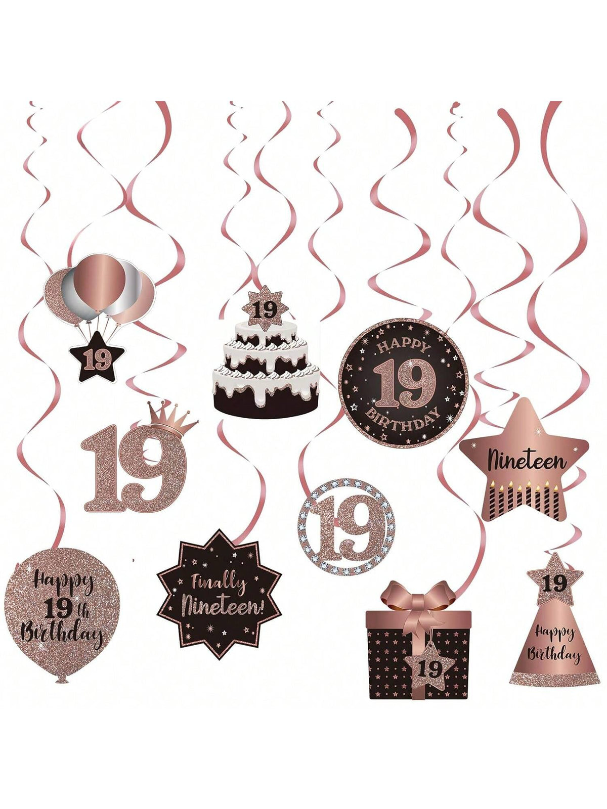 19th Birthday Rose Gold Hanging Swirl Ceiling Decorations