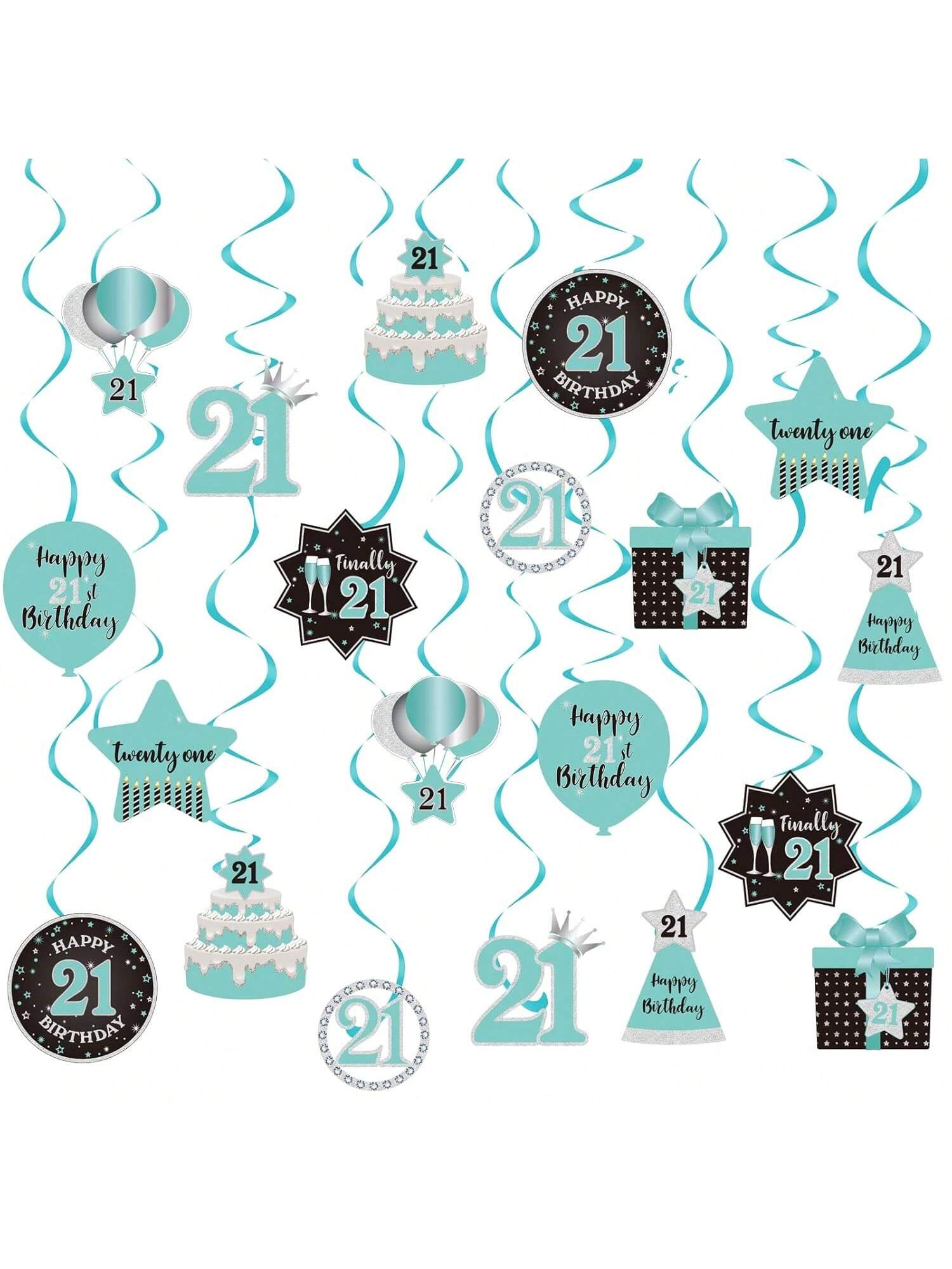 Happy 21st Birthday Hanging Swirls Teal Silver Black Blue Decor