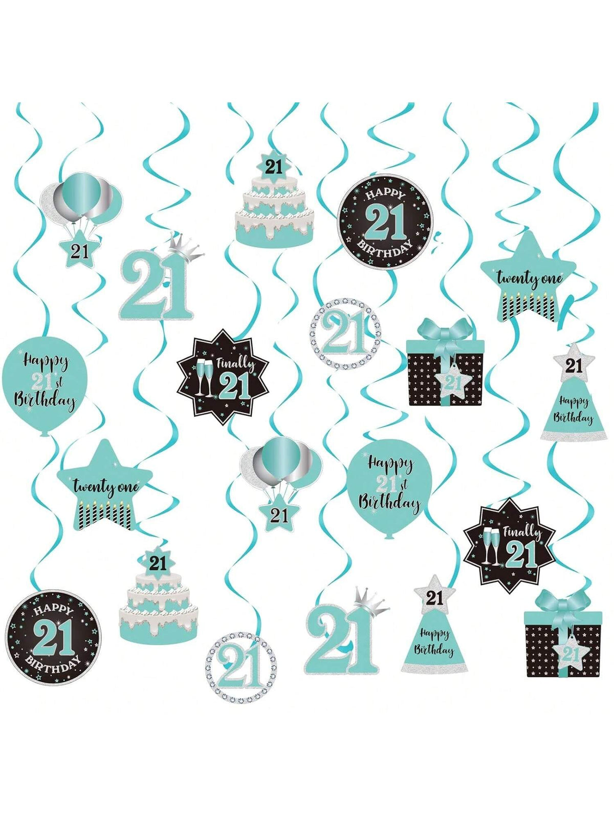 Happy 21st Birthday Hanging Swirls Teal Silver Black Blue Decor