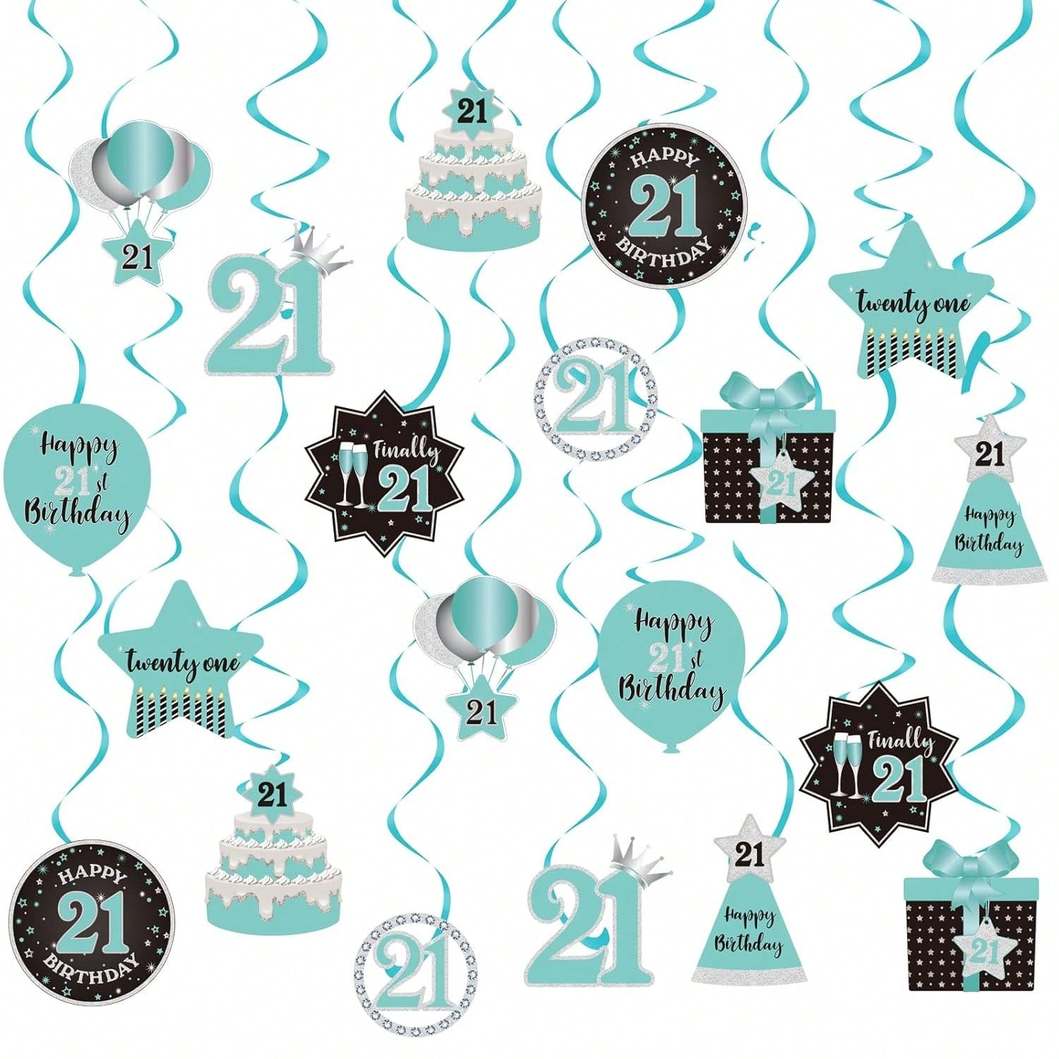 Happy 21st Birthday Hanging Swirls Teal Silver Black Blue Decor