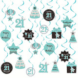 Happy 21st Birthday Hanging Swirls Teal Silver Black Blue Decor