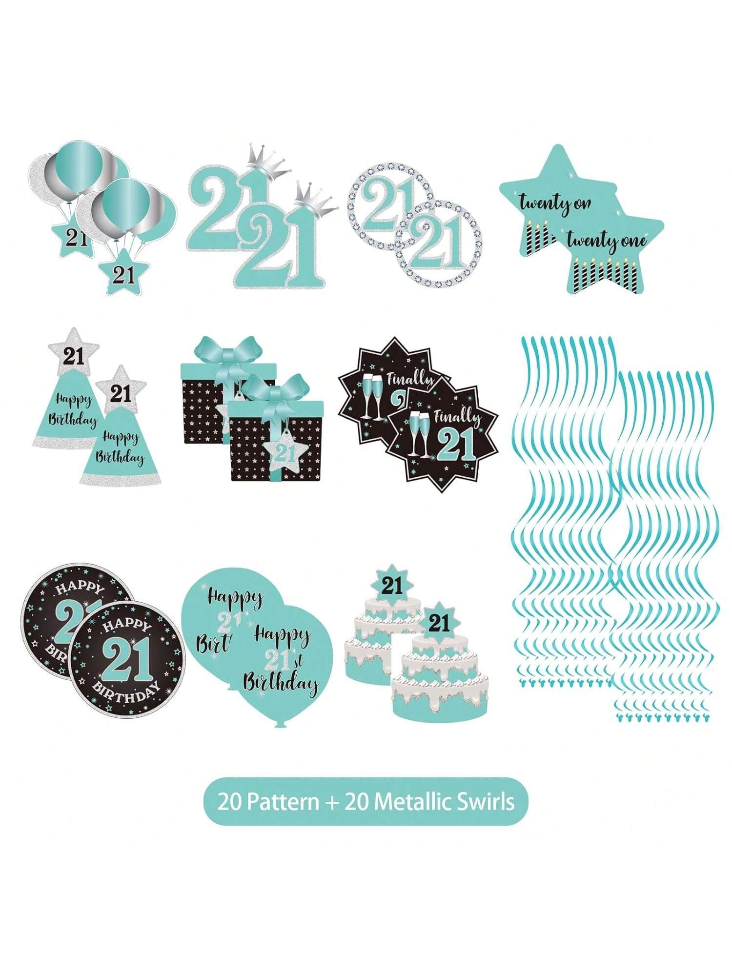 Happy 21st Birthday Hanging Swirls Teal Silver Black Blue Decor