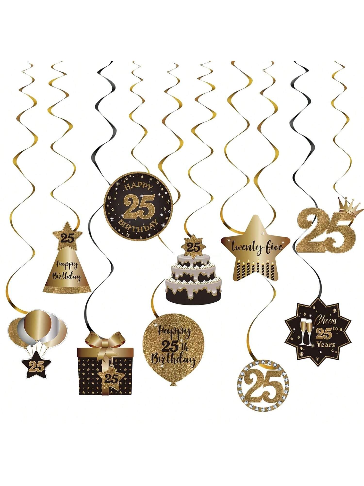 25th Birthday Black and Gold Hanging Swirl Ceiling Decorations