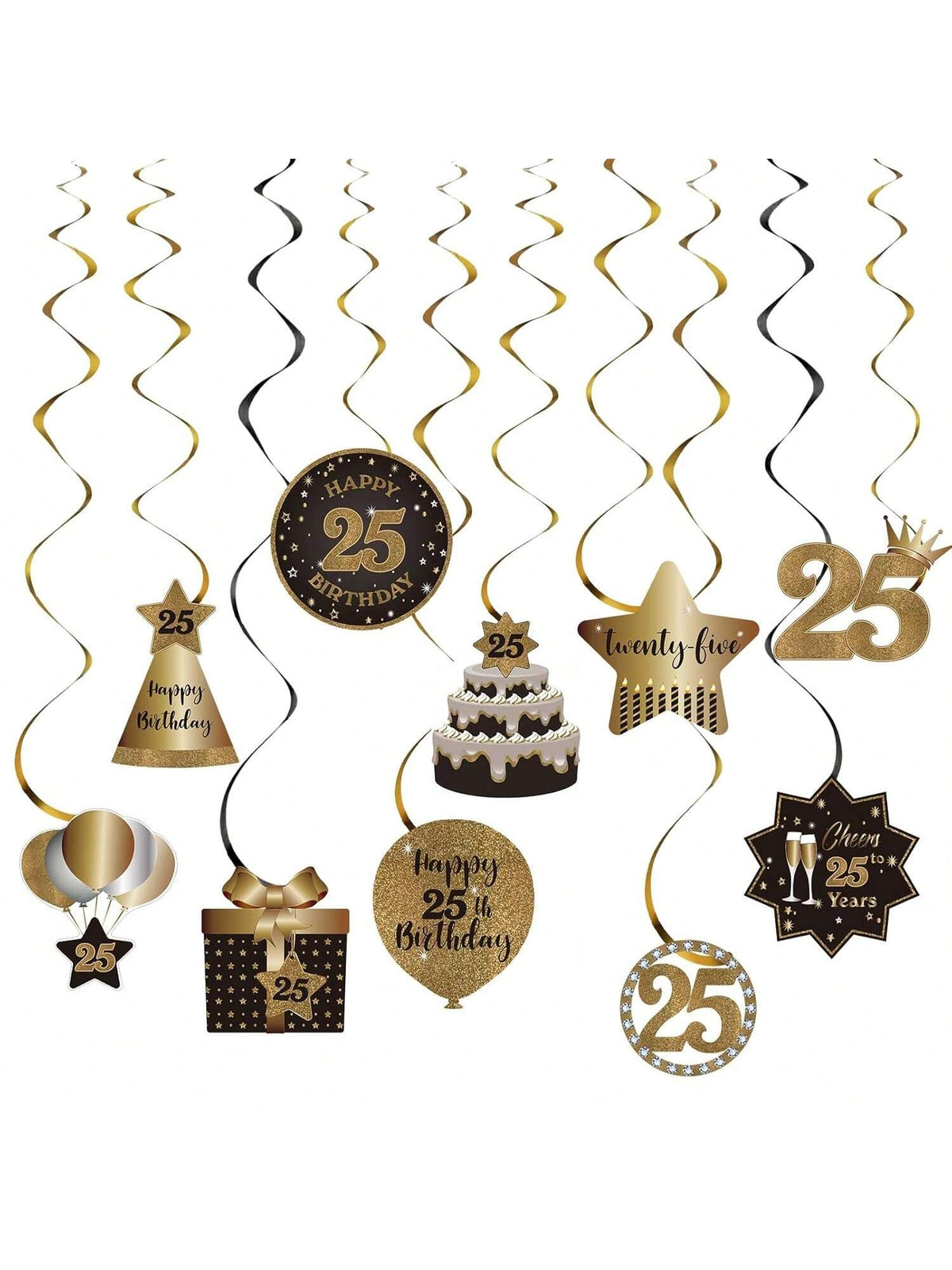 25th Birthday Black and Gold Hanging Swirl Ceiling Decorations