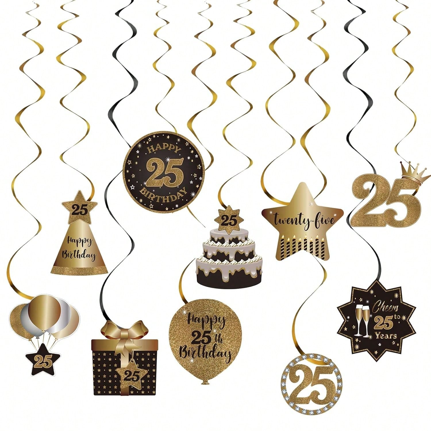 25th Birthday Black and Gold Hanging Swirl Ceiling Decorations