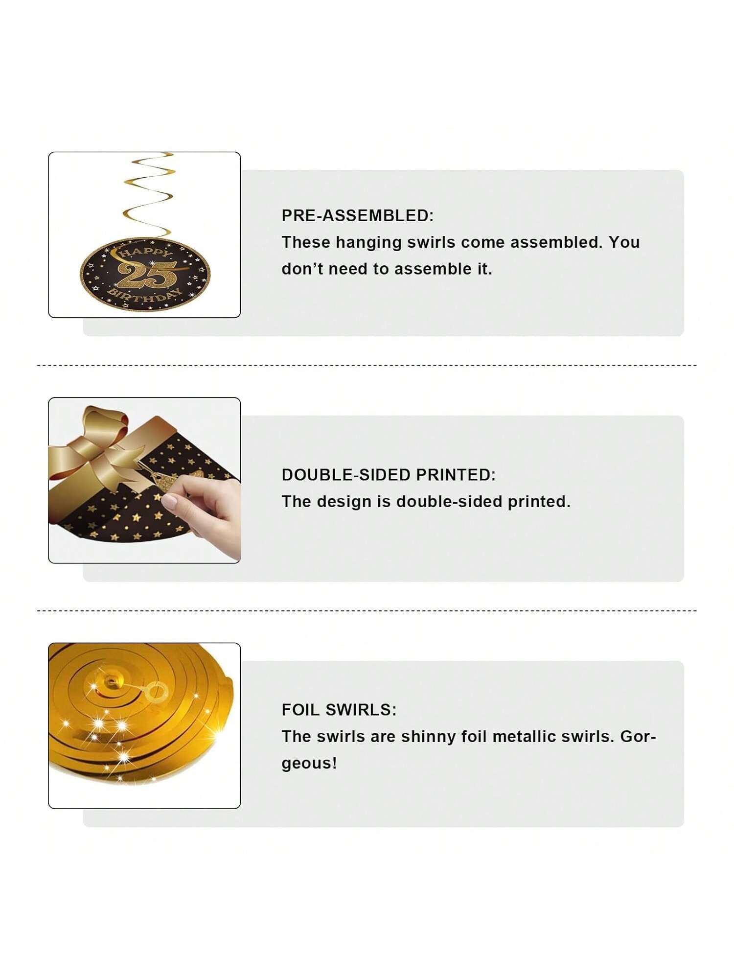 25th Birthday Black and Gold Hanging Swirl Ceiling Decorations