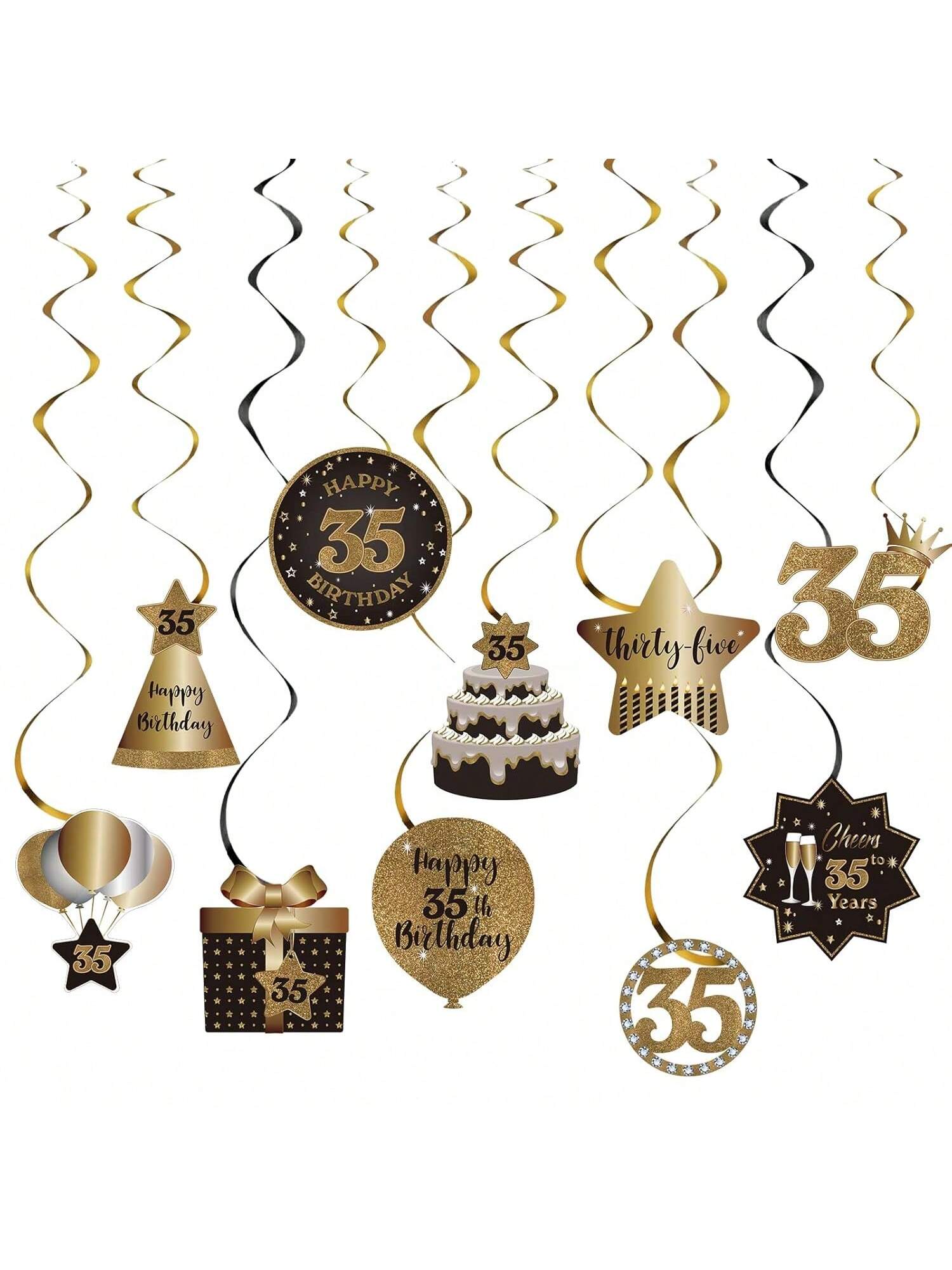 35th Birthday Black and Gold Hanging Swirl Ceiling Decorations