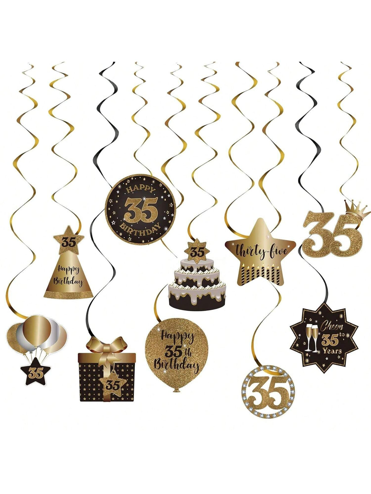 35th Birthday Black and Gold Hanging Swirl Ceiling Decorations