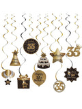 35th Birthday Black and Gold Hanging Swirl Ceiling Decorations