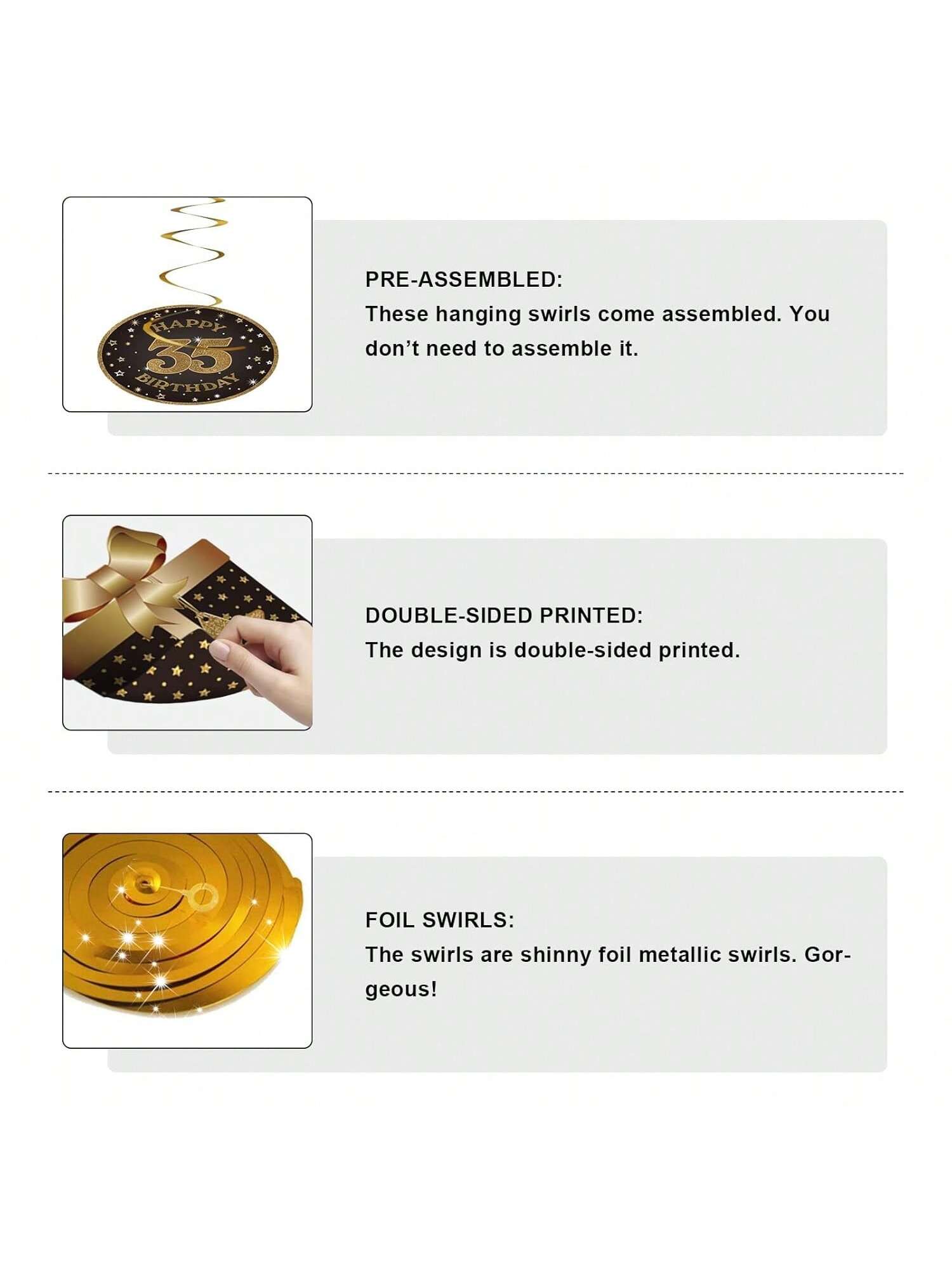 35th Birthday Black and Gold Hanging Swirl Ceiling Decorations