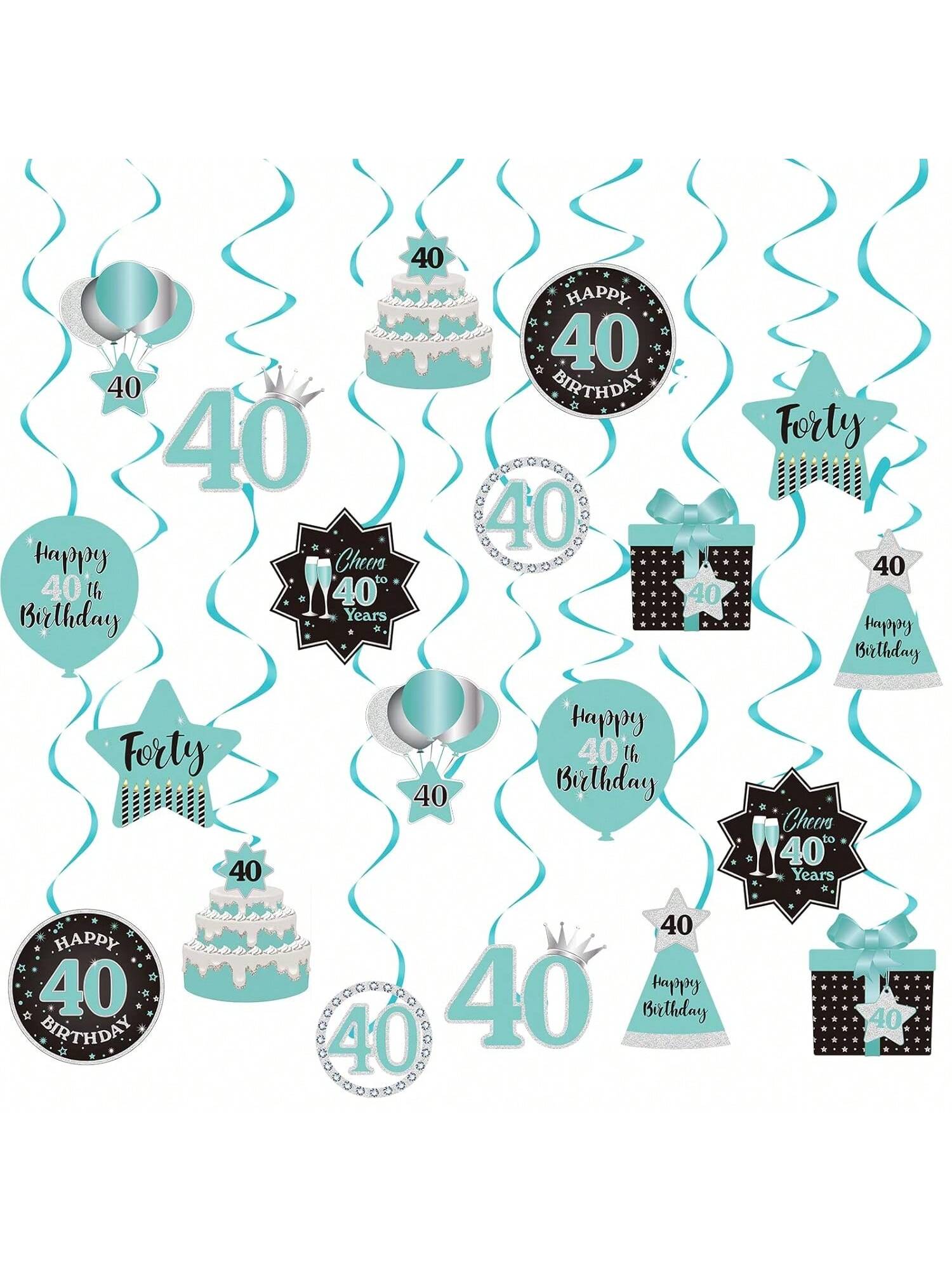 Happy 40th Birthday Hanging Swirls Teal Silver Black Blue Decor