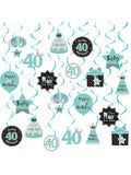 Happy 40th Birthday Hanging Swirls Teal Silver Black Blue Decor