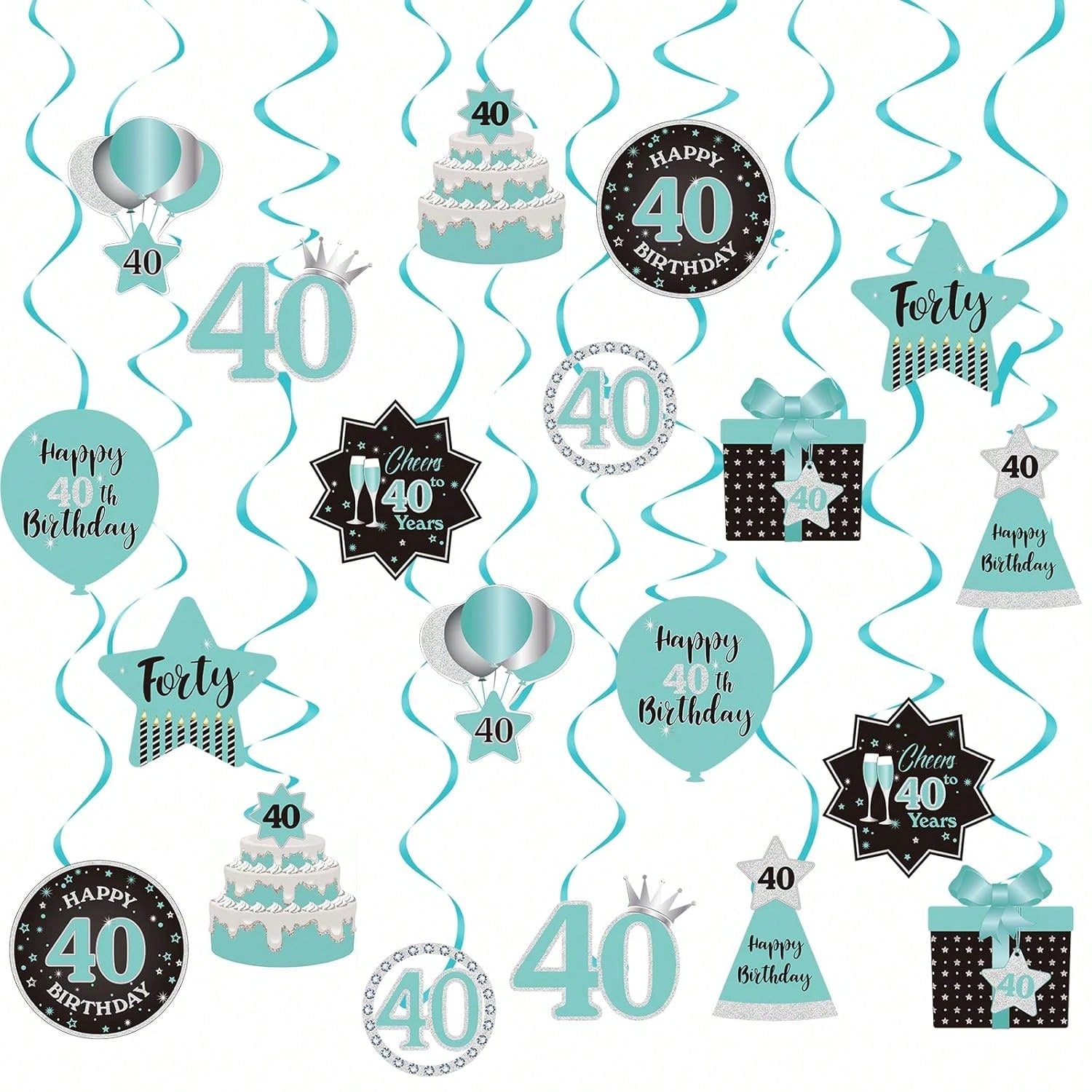 Happy 40th Birthday Hanging Swirls Teal Silver Black Blue Decor