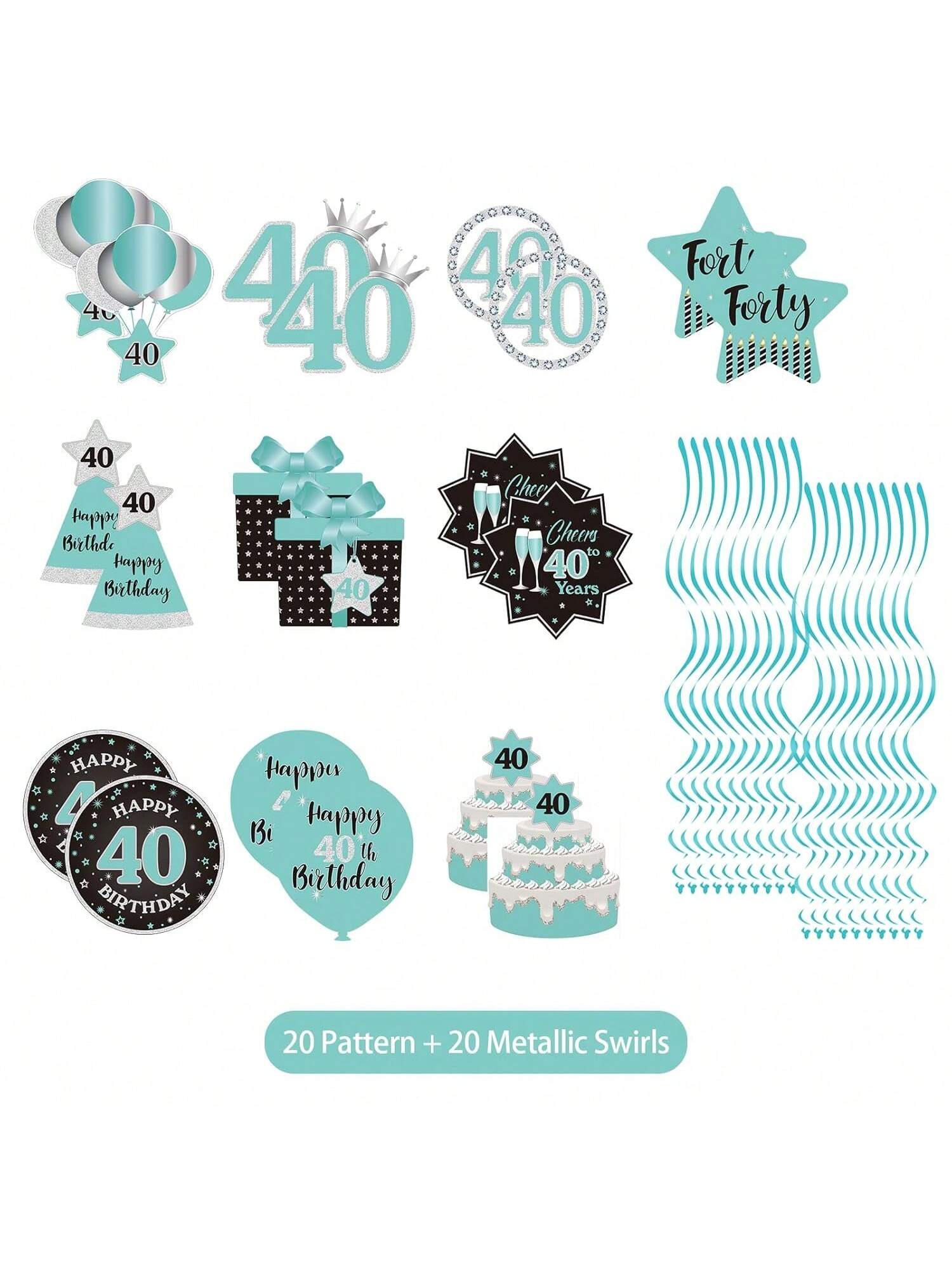 Happy 40th Birthday Hanging Swirls Teal Silver Black Blue Decor