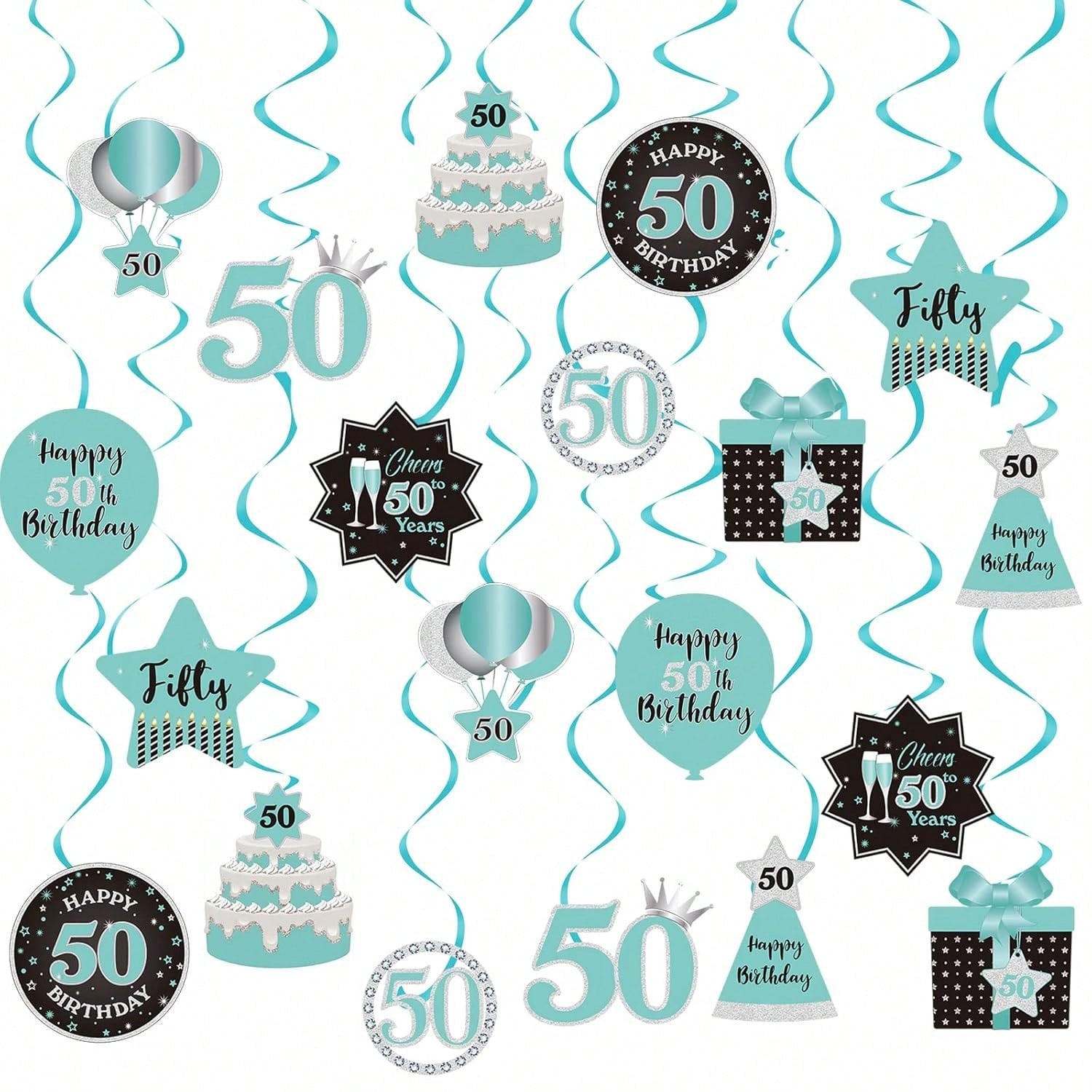 Happy 50th Birthday Hanging Swirls Teal Silver Black Blue Decor