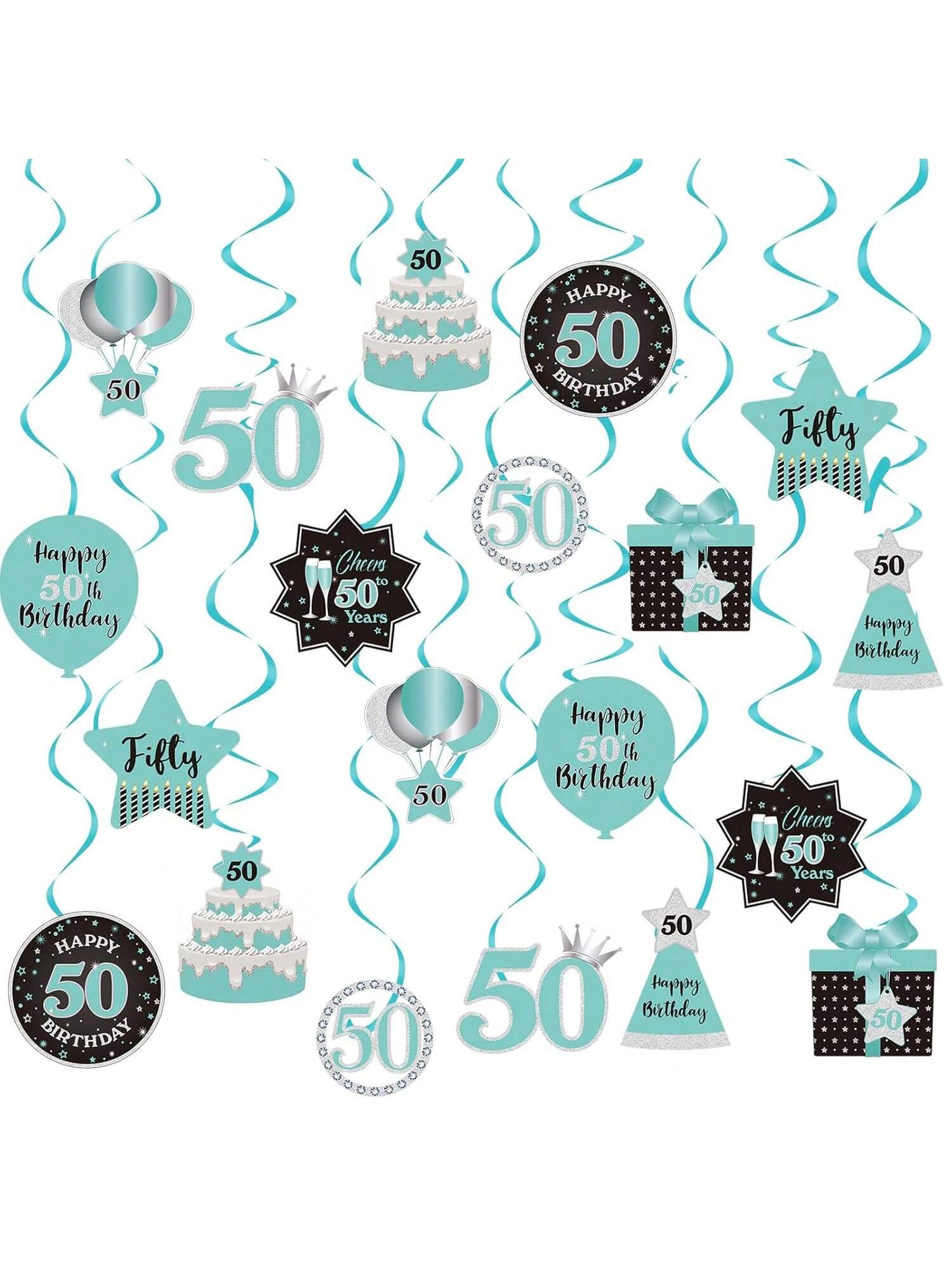 Happy 50th Birthday Hanging Swirls Teal Silver Black Blue Decor