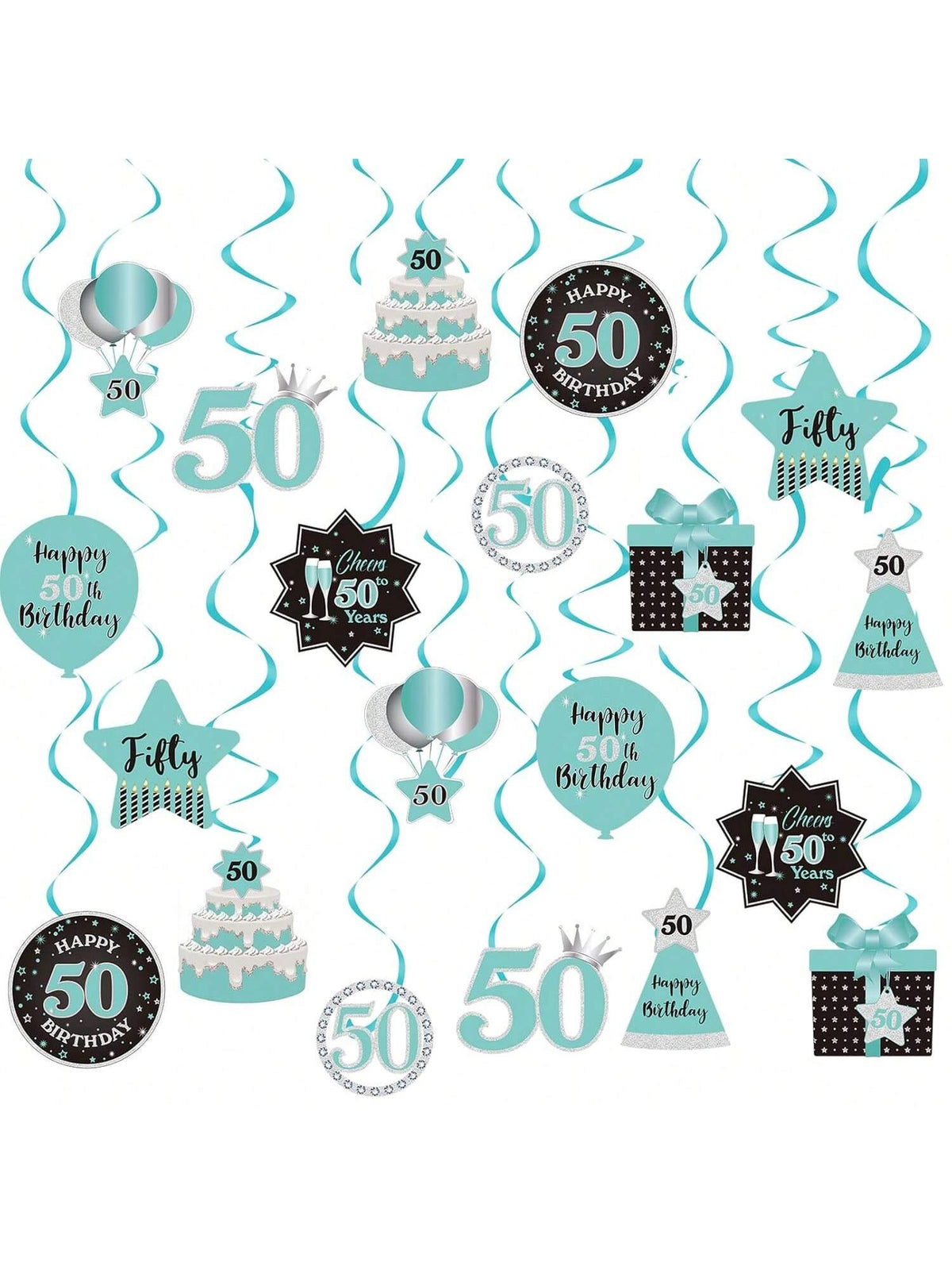 Happy 50th Birthday Hanging Swirls Teal Silver Black Blue Decor