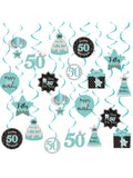 Happy 50th Birthday Hanging Swirls Teal Silver Black Blue Decor