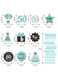 Happy 50th Birthday Hanging Swirls Teal Silver Black Blue Decor