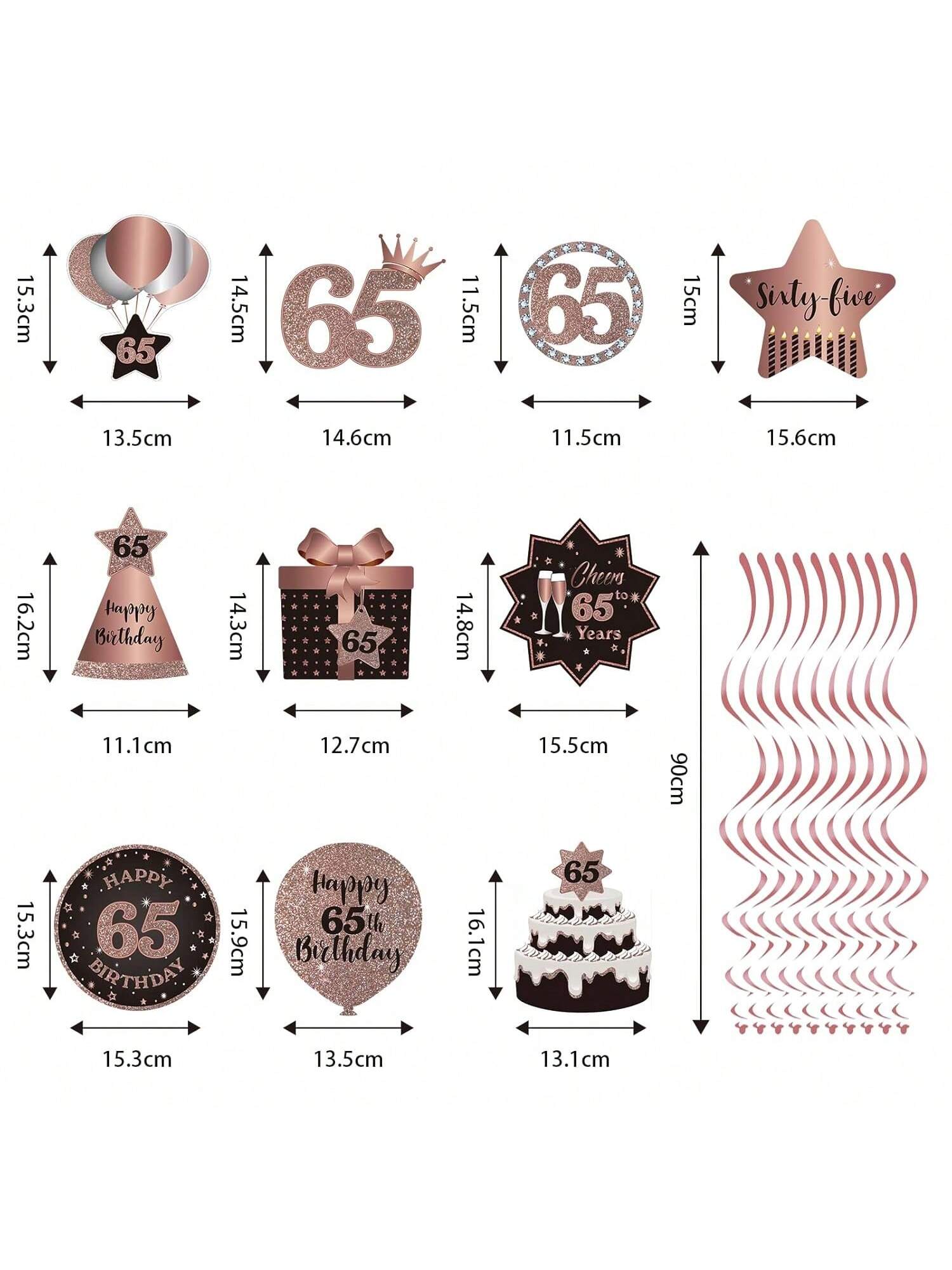 Happy 65th Birthday Hanging Foil Swirls with Cutouts Rose Gold Decor