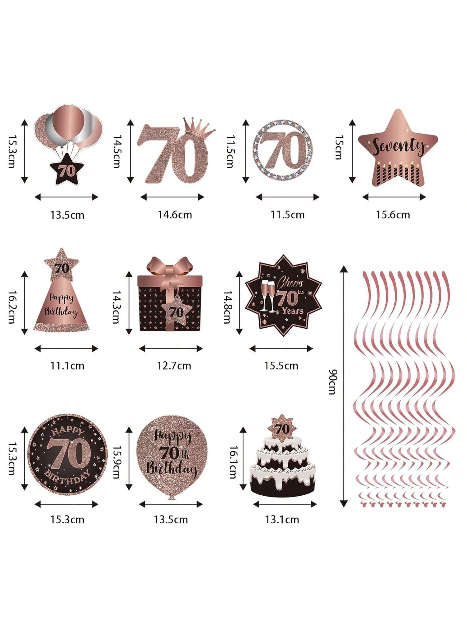 Happy 70th Birthday Hanging Foil Swirls with Cutouts Rose Gold Decor
