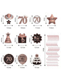 Happy 70th Birthday Hanging Foil Swirls with Cutouts Rose Gold Decor