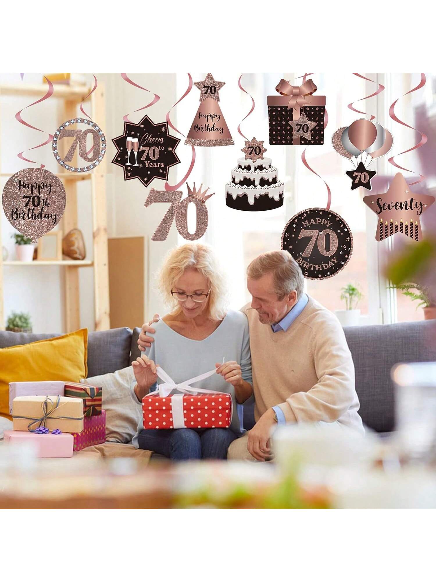 Happy 70th Birthday Hanging Foil Swirls with Cutouts Rose Gold Decor