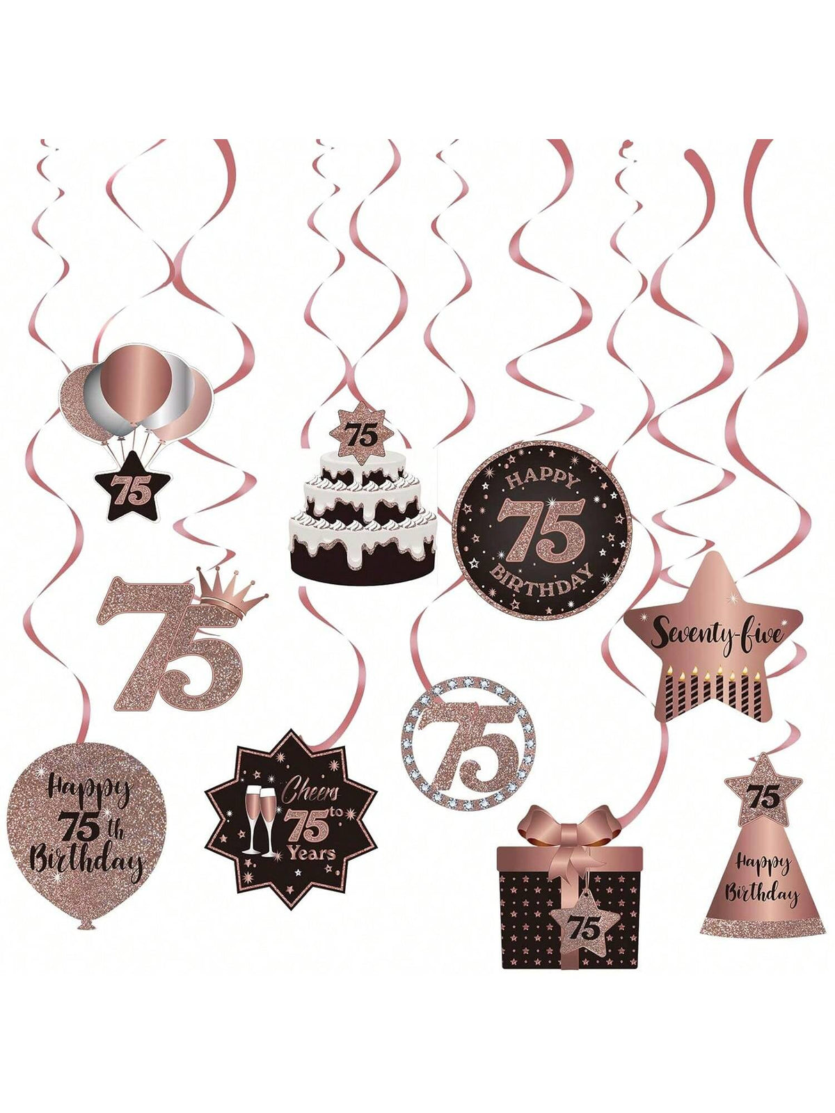 Happy 75th Birthday Hanging Foil Swirls with Cutouts Rose Gold Decor