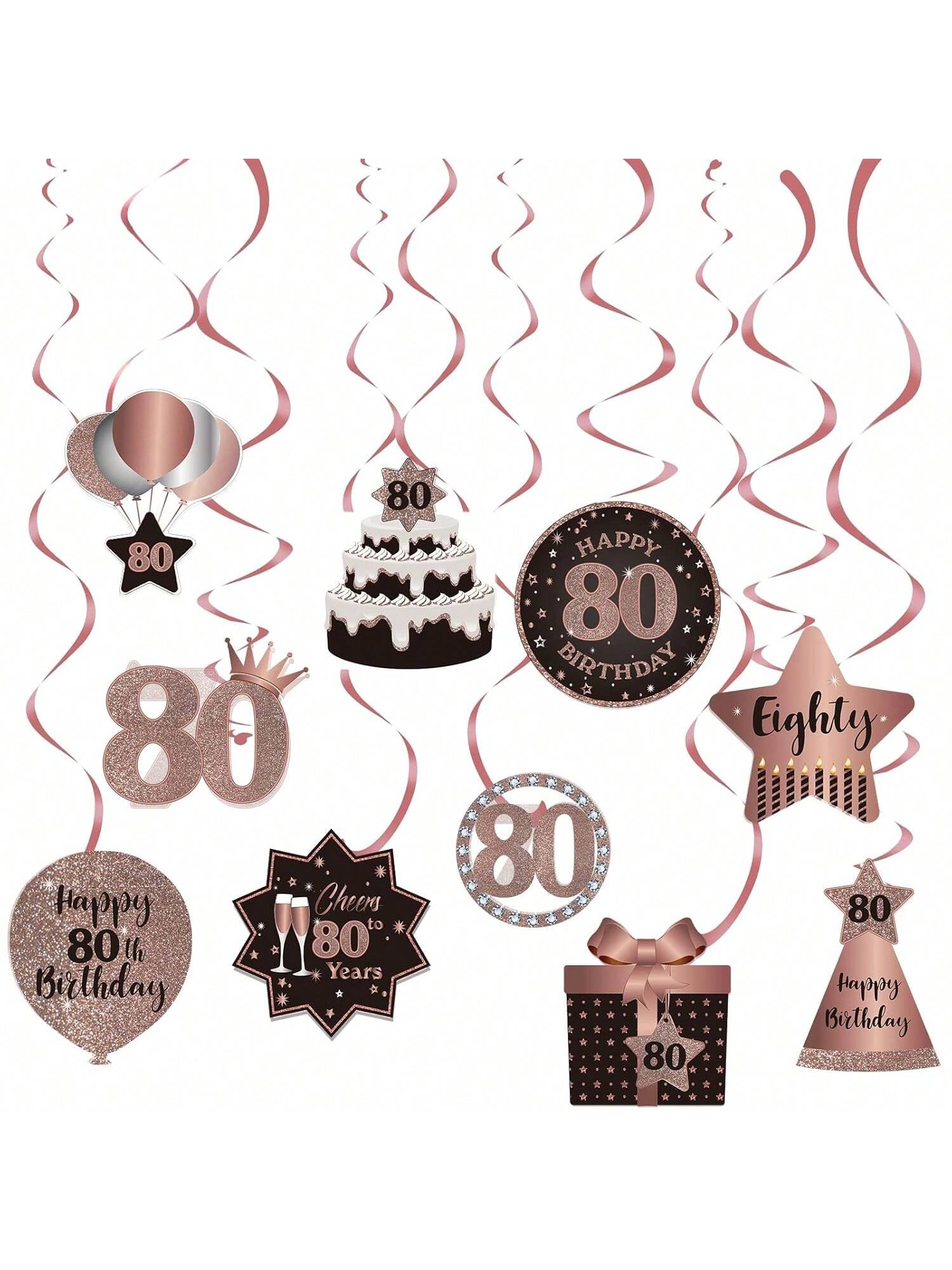 Happy 80th Birthday Hanging Foil Swirls with Cutouts Rose Gold Decor