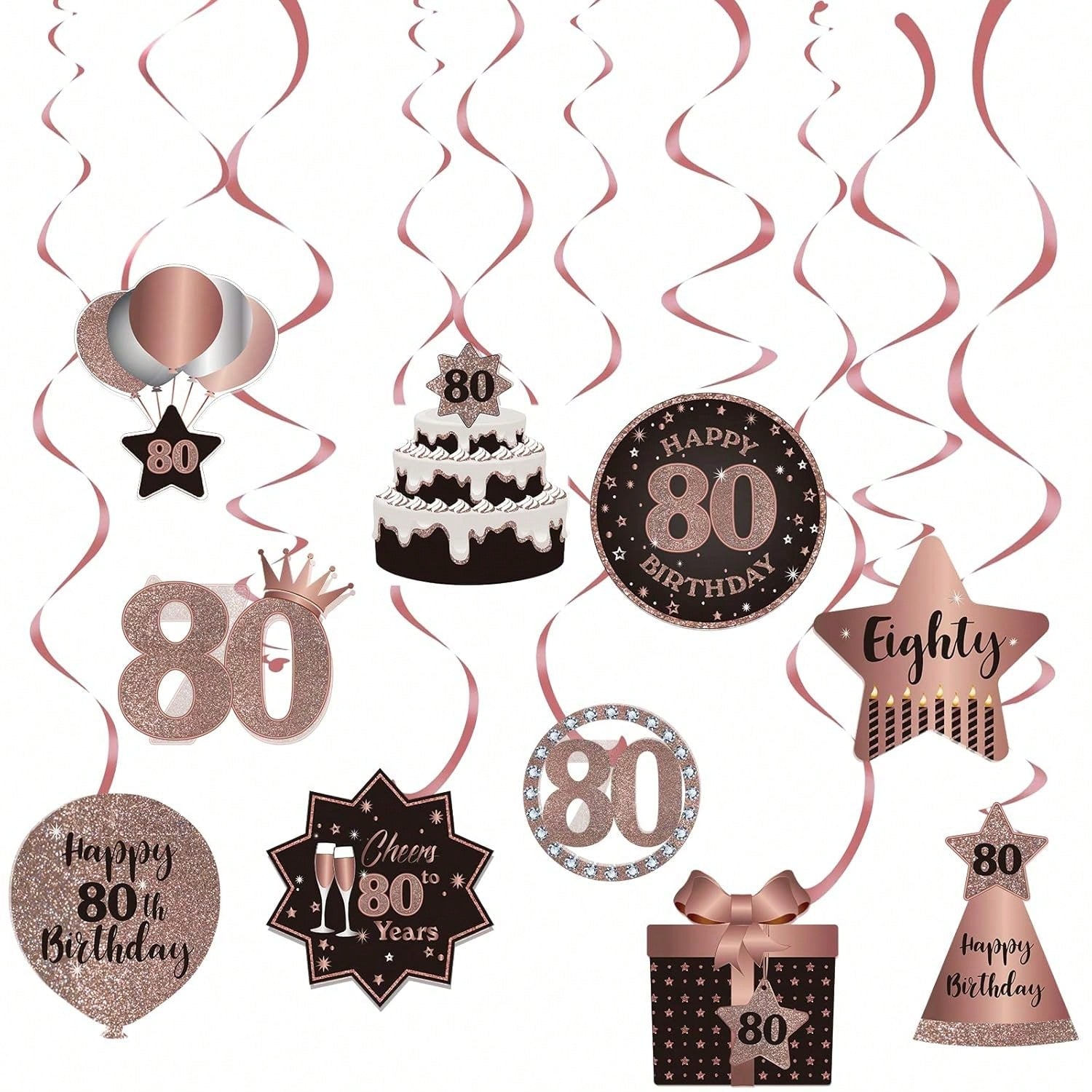 Happy 80th Birthday Hanging Foil Swirls with Cutouts Rose Gold Decor