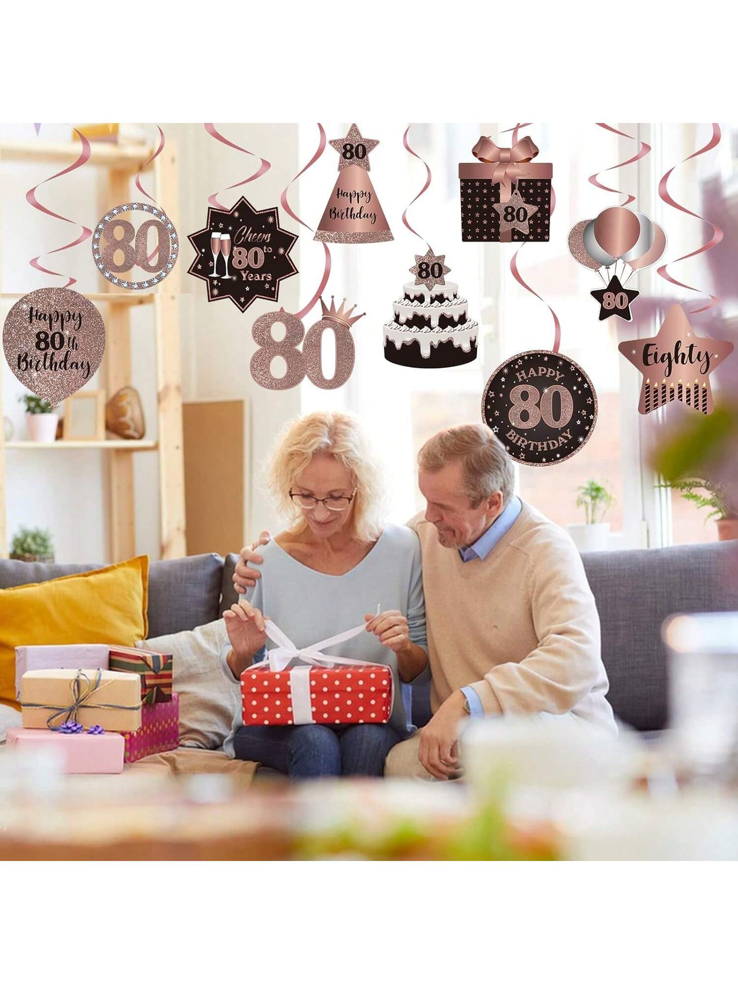 Happy 80th Birthday Hanging Foil Swirls with Cutouts Rose Gold Decor