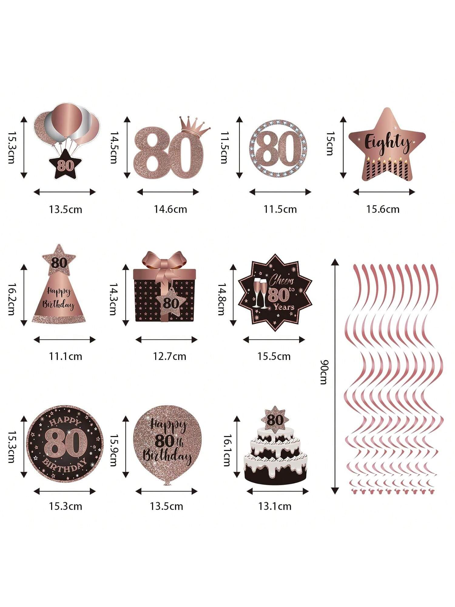 Happy 80th Birthday Hanging Foil Swirls with Cutouts Rose Gold Decor