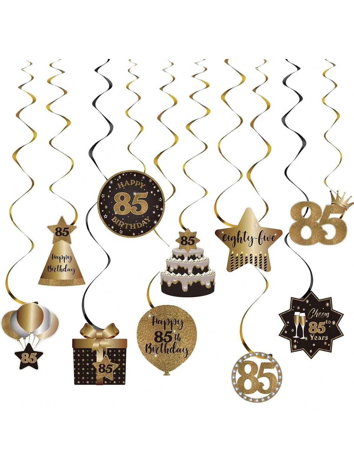 Happy 85th Birthday Hanging Foil Swirls with Cutouts Black & Gold Decor