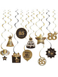 Happy 85th Birthday Hanging Foil Swirls with Cutouts Black & Gold Decor