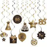 Happy 85th Birthday Hanging Foil Swirls with Cutouts Black & Gold Decor