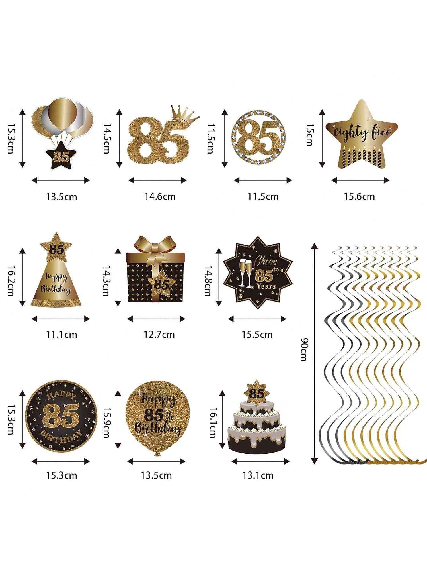 Happy 85th Birthday Hanging Foil Swirls with Cutouts Black & Gold Decor