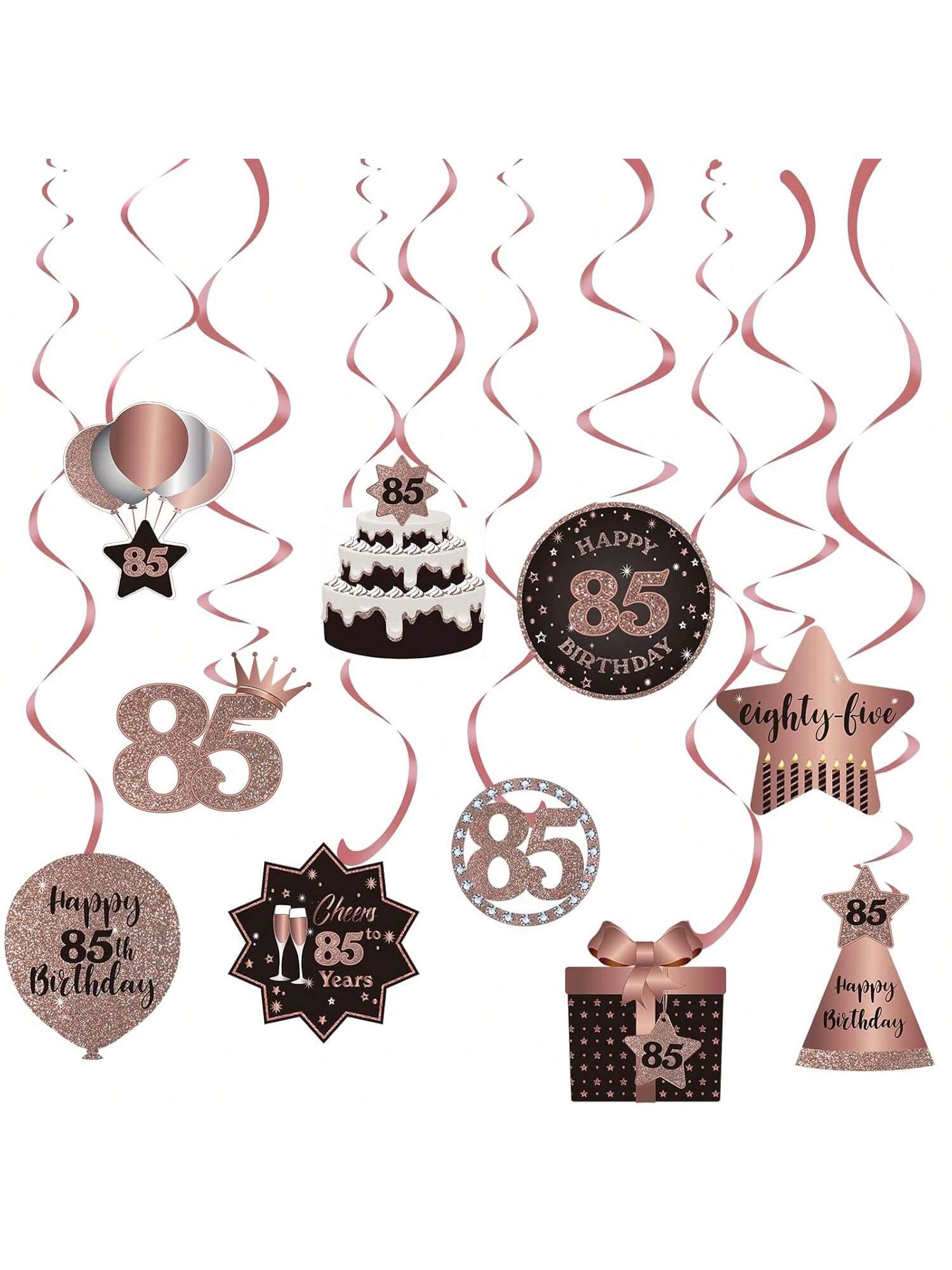Happy 85th Birthday Hanging Foil Swirls with Cutouts Rose Gold Decor