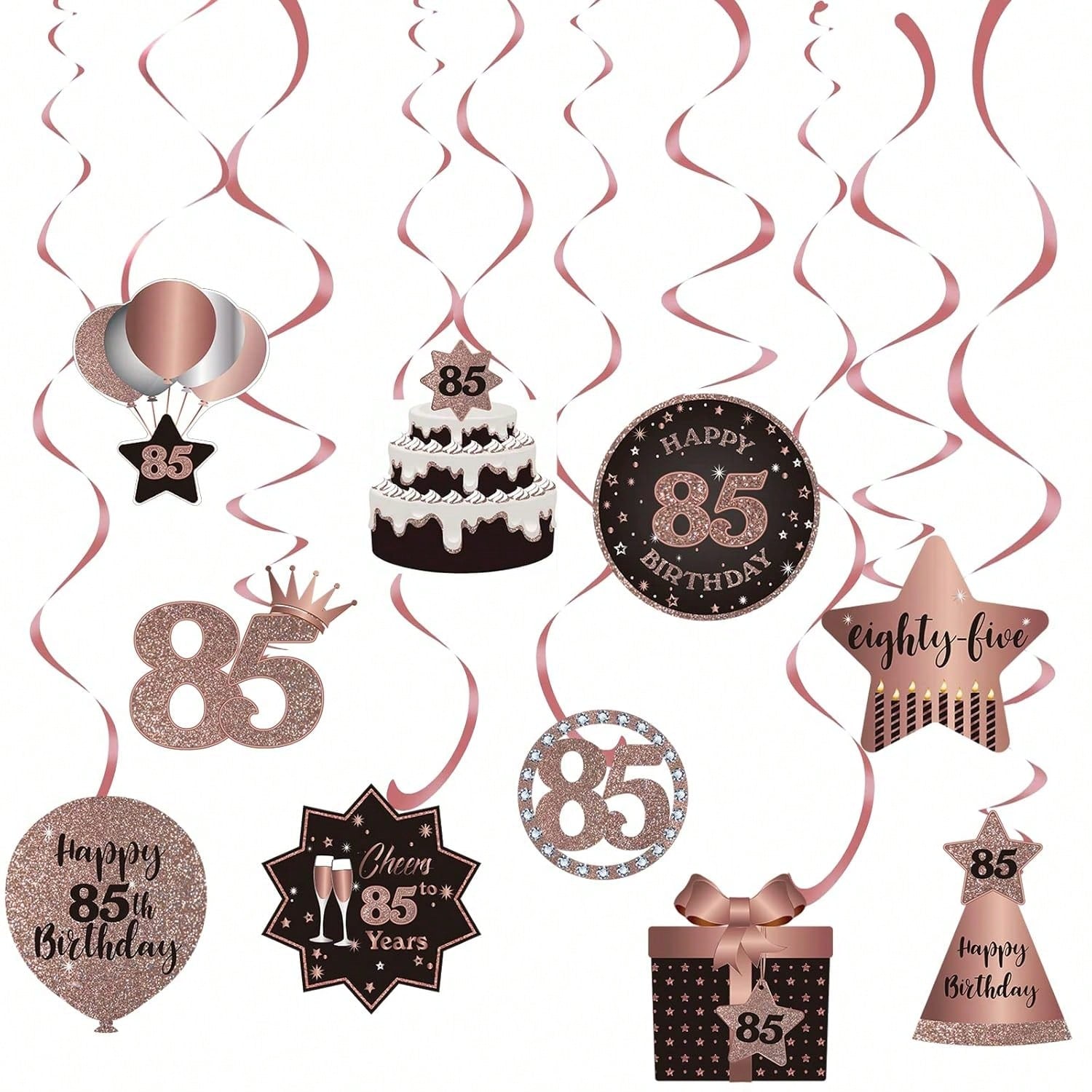 Happy 85th Birthday Hanging Foil Swirls with Cutouts Rose Gold Decor