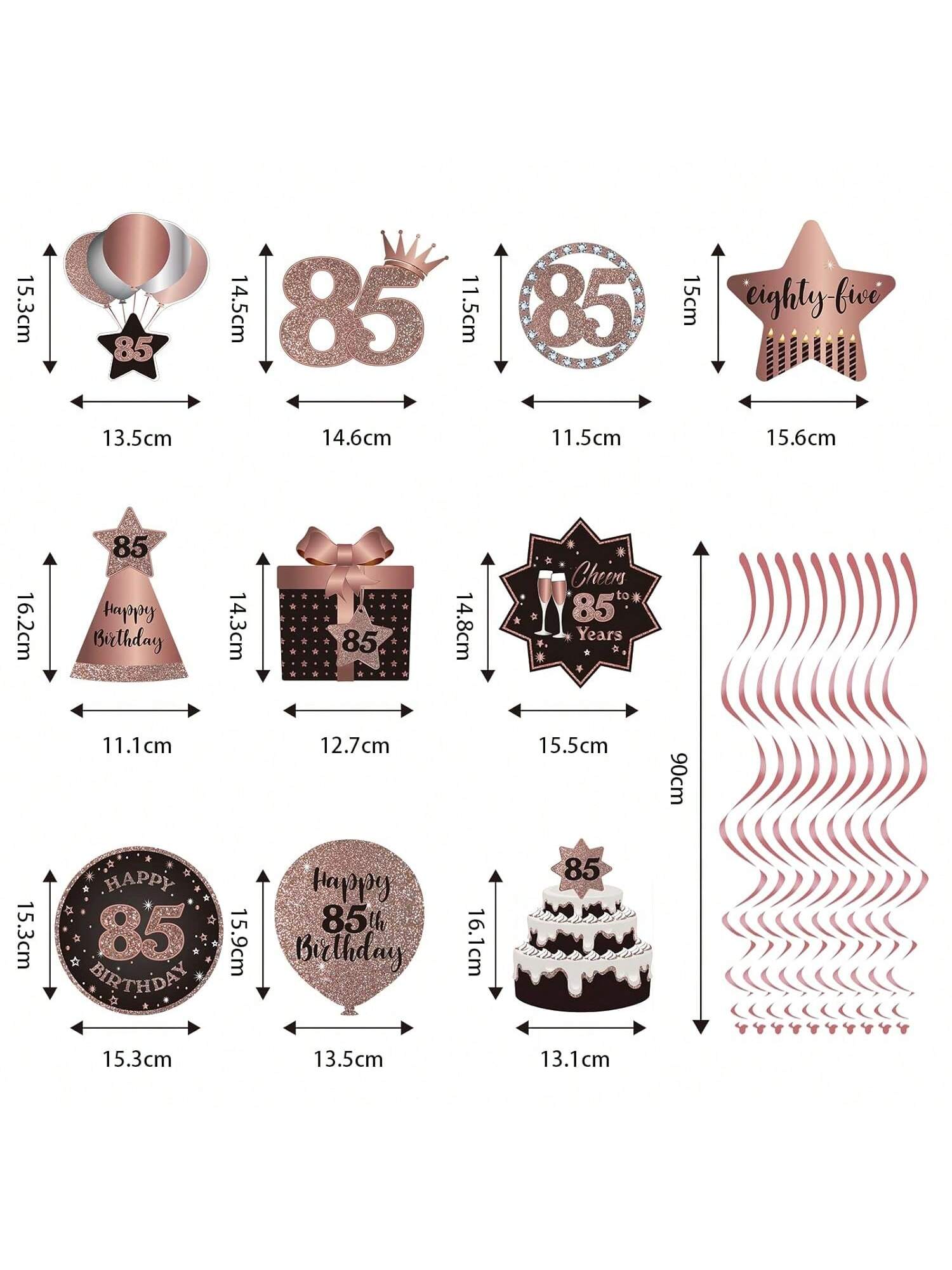 Happy 85th Birthday Hanging Foil Swirls with Cutouts Rose Gold Decor
