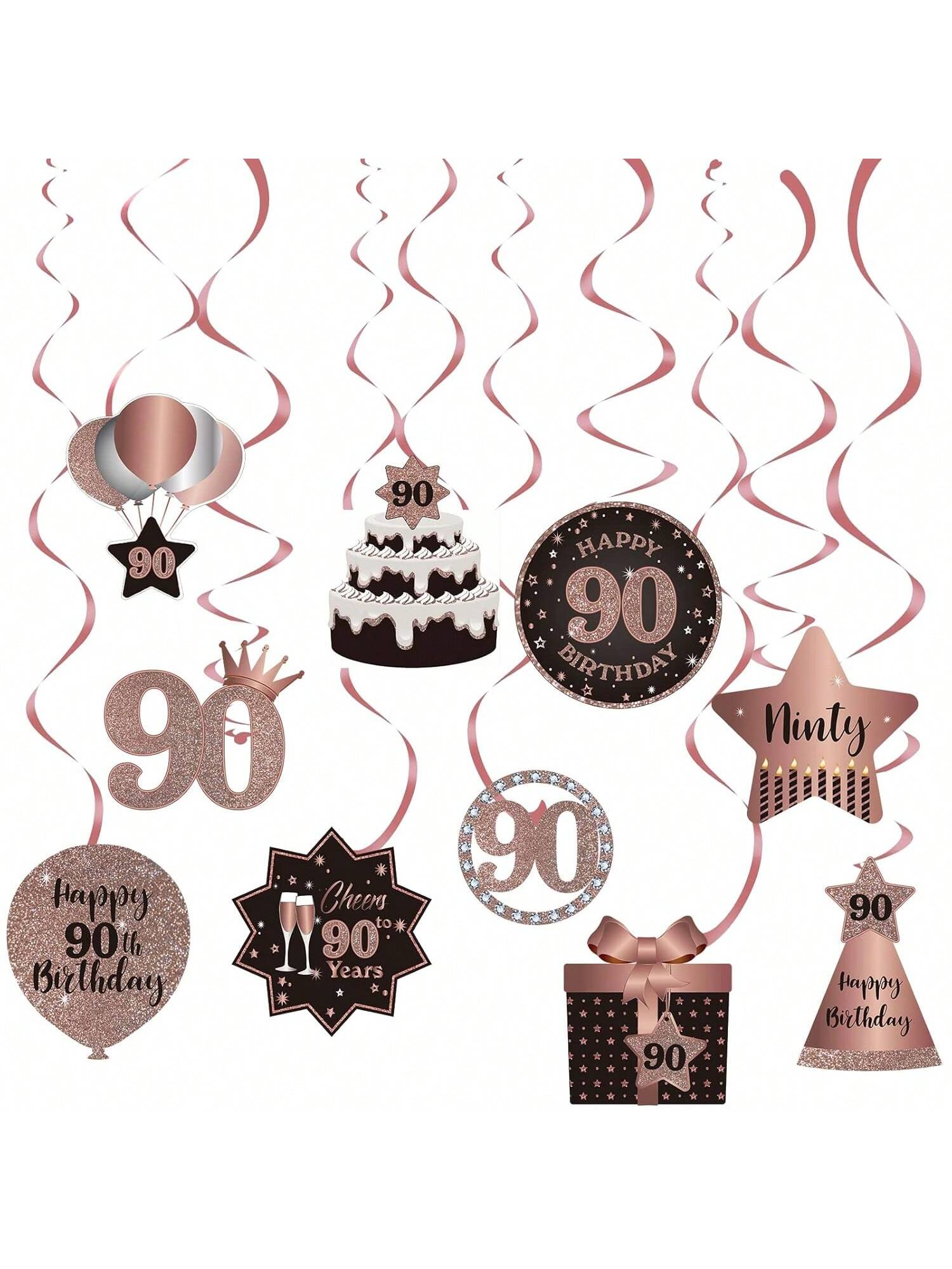Happy 90th Birthday Hanging Foil Swirls with Cutouts Rose Gold Decor