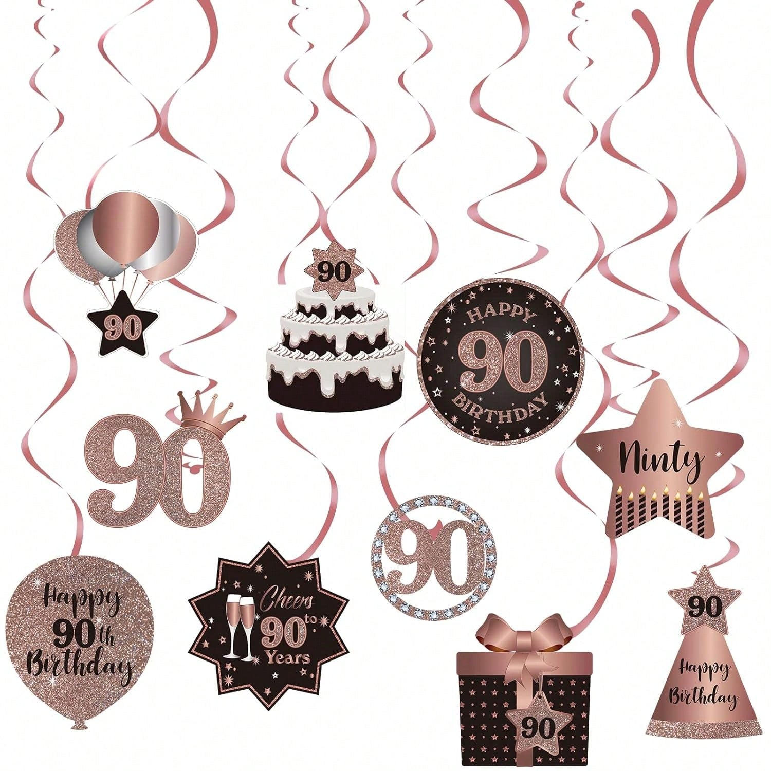 Happy 90th Birthday Hanging Foil Swirls with Cutouts Rose Gold Decor