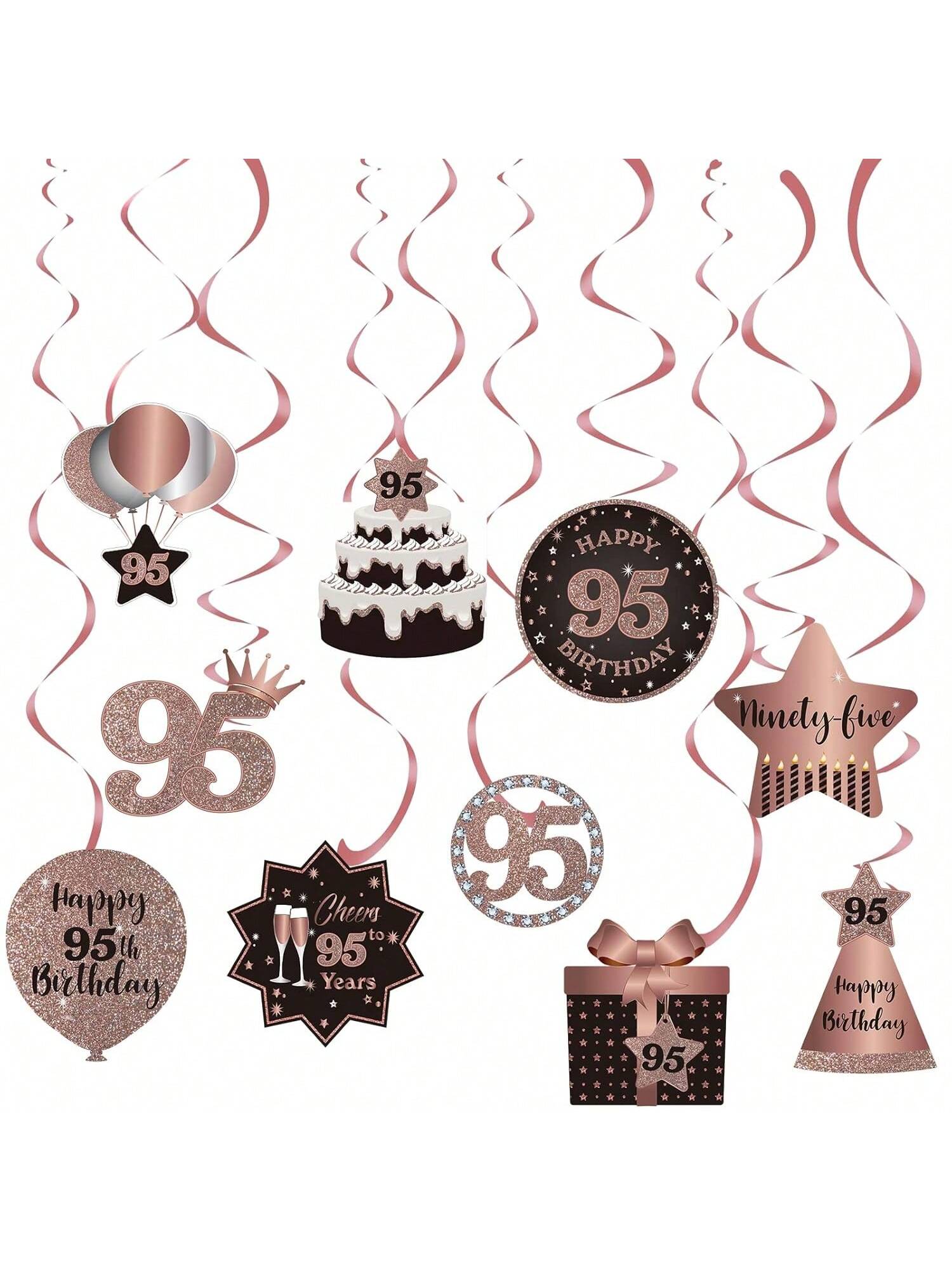 Happy 95th Birthday Hanging Foil Swirls with Cutouts Rose Gold Decor