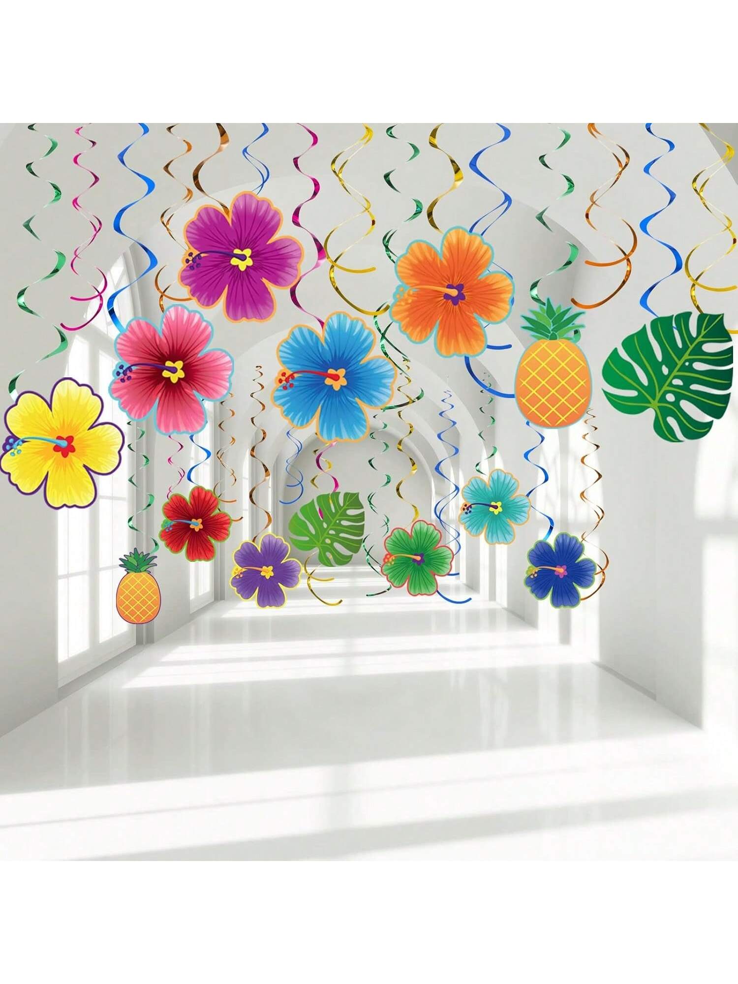 Hawaiian Luau Party Decorations 30 pcs Hanging Hibiscus Foil Swirls Ceiling